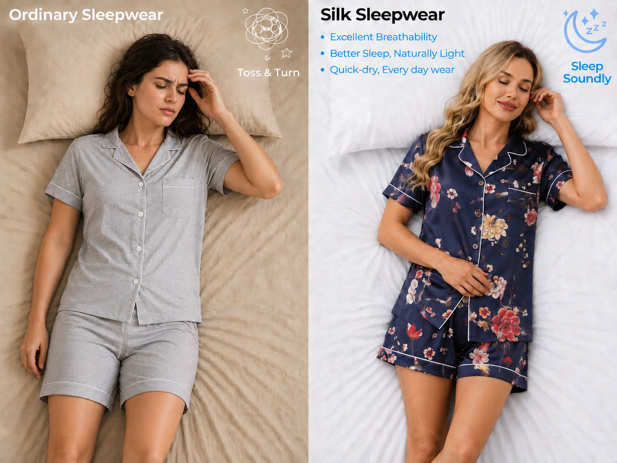 19Momme Silk Women's Navy Floral Print Short Sleeve Lapel Collar Button Up Pajamas Set - Detail 1