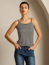 Black and white striped silk camisole top with spaghetti straps and square neckline