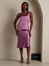 Purple silk sleeveless V-neck women's tank top with straight fit and satin sheen