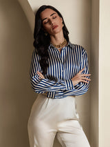 [Navy Stripe] SilkSilky  Long Sleeve Lapel Collar Women's Shirts 001