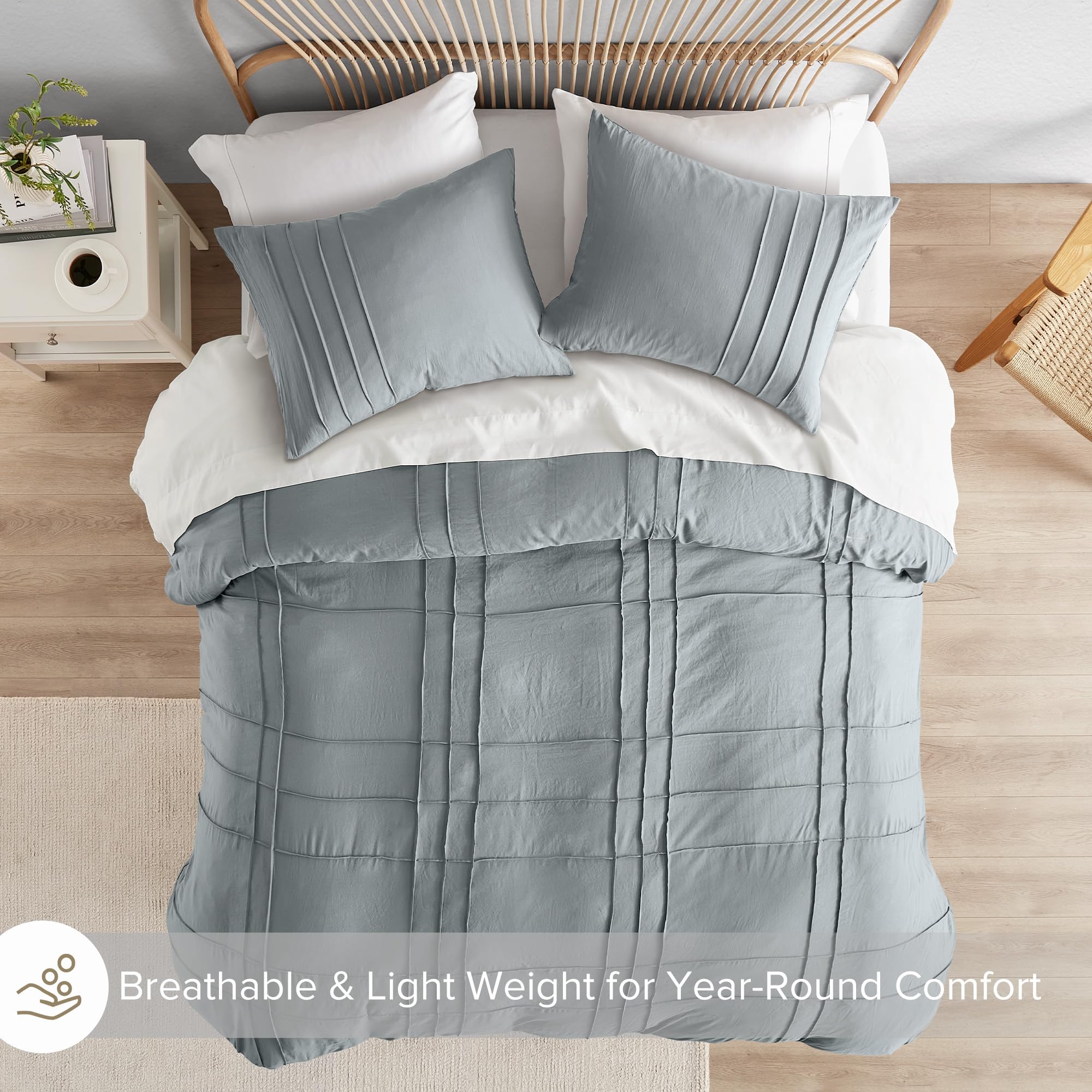 Comfort Spaces Blue/Grey Queen Size Duvet Cover Set - 3 Pieces Pintuck Pleated Duvet Cover Queen, All Season Lightweight, Extra Softness Pre-Washed Microfiber Queen Bedding Cover Shams, Queen