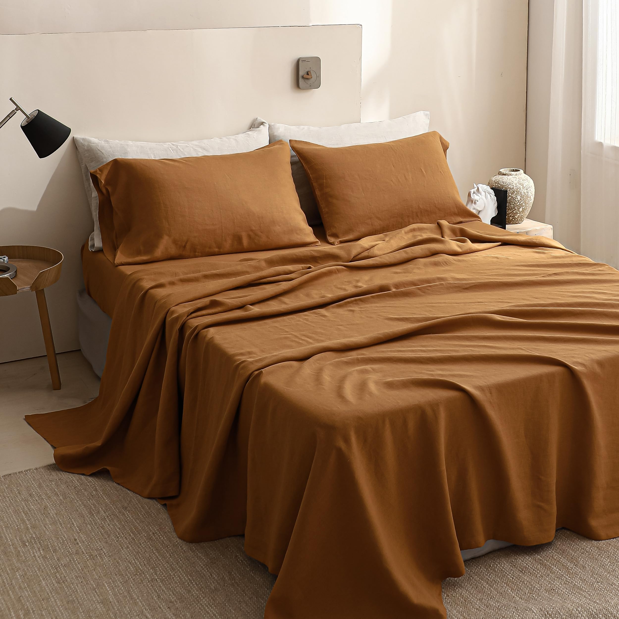 Simple&Opulence 100% Linen Sheets Queen Size Set, 4 Pcs Natural French Linen Bed Sheets, Breathable Soft Durable Bedding Set For