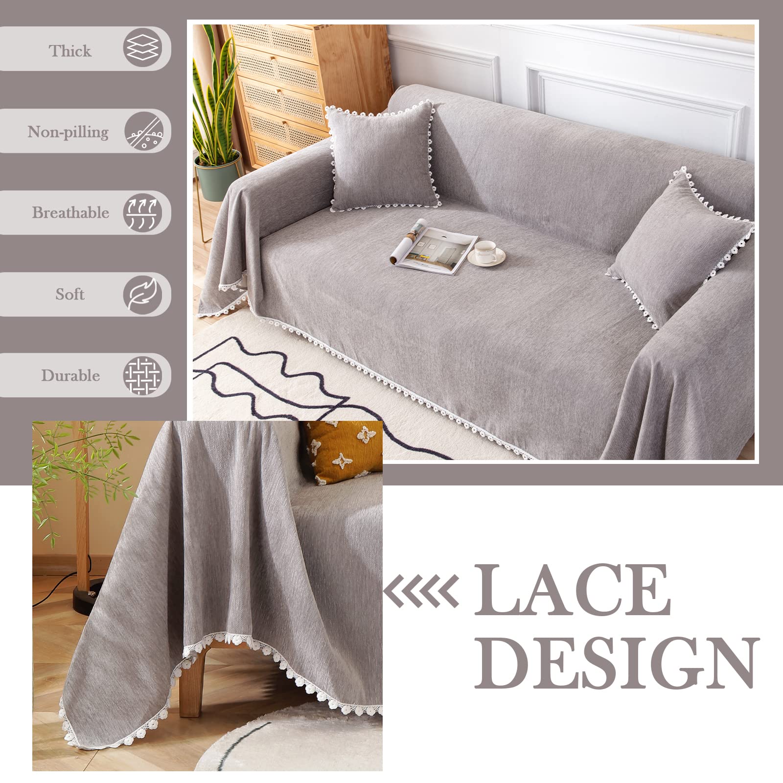 Handontime Couch Cover For Dogs Grey Sectional Couch Covers For 3 Cushion Couch Sofa Flower Lace Sofa Covers Machine Washable Easy Install Futon L Shaped Couch Cushion Covers For Cat Kids, 71' X134'