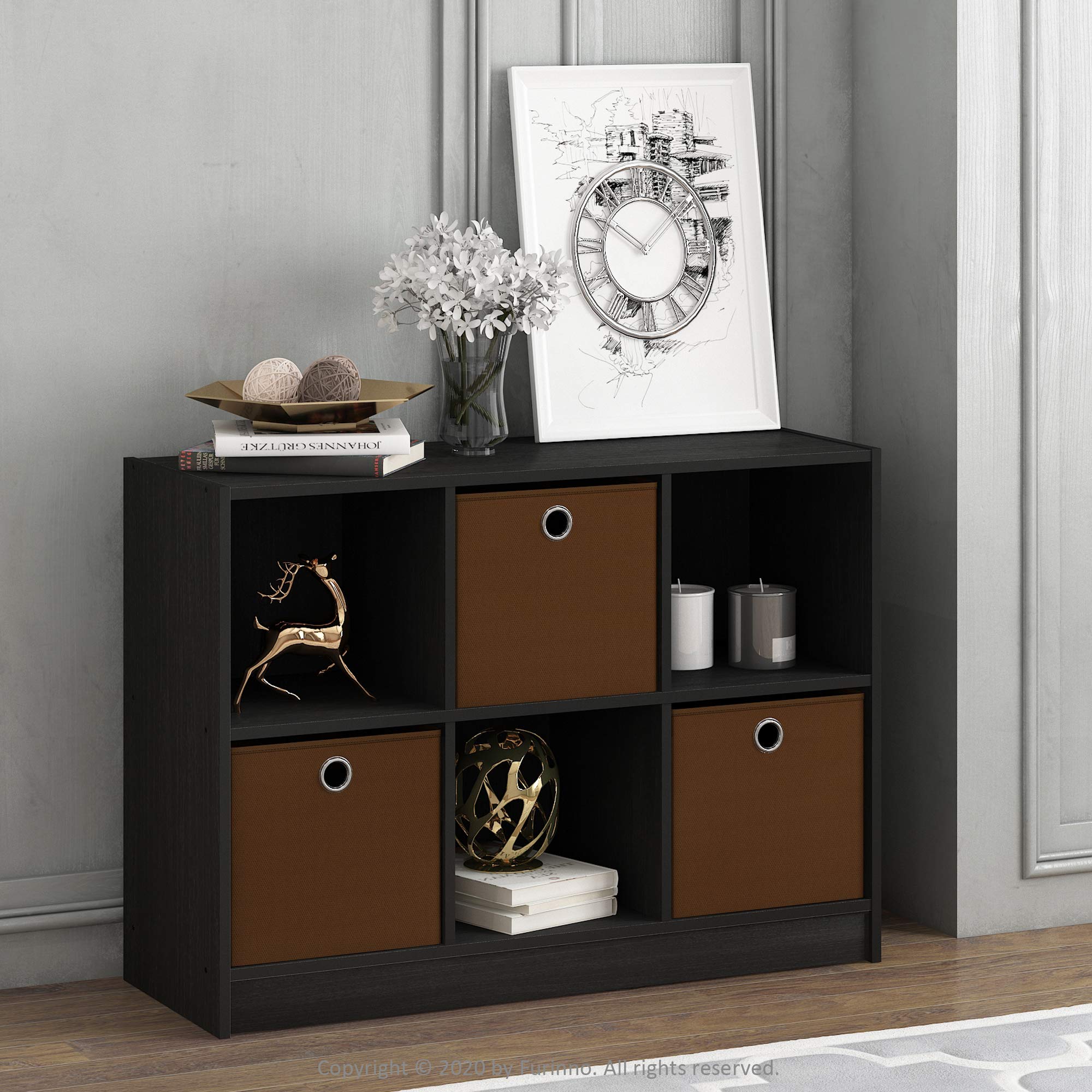 Furinno Basic 3x2 Cube Storage Bookcase Organizer with Bins, Espresso/Brown