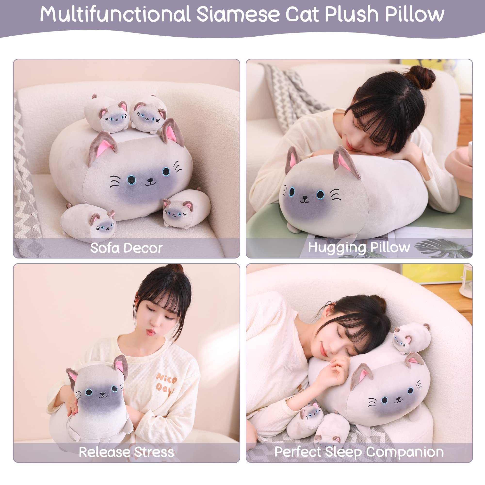 SQEQE Siamese Cat Plush Toy with 4 Detachable Kitties, Soft Plush Pillow Gift, Cotton, Siamese Cat, 17 inch