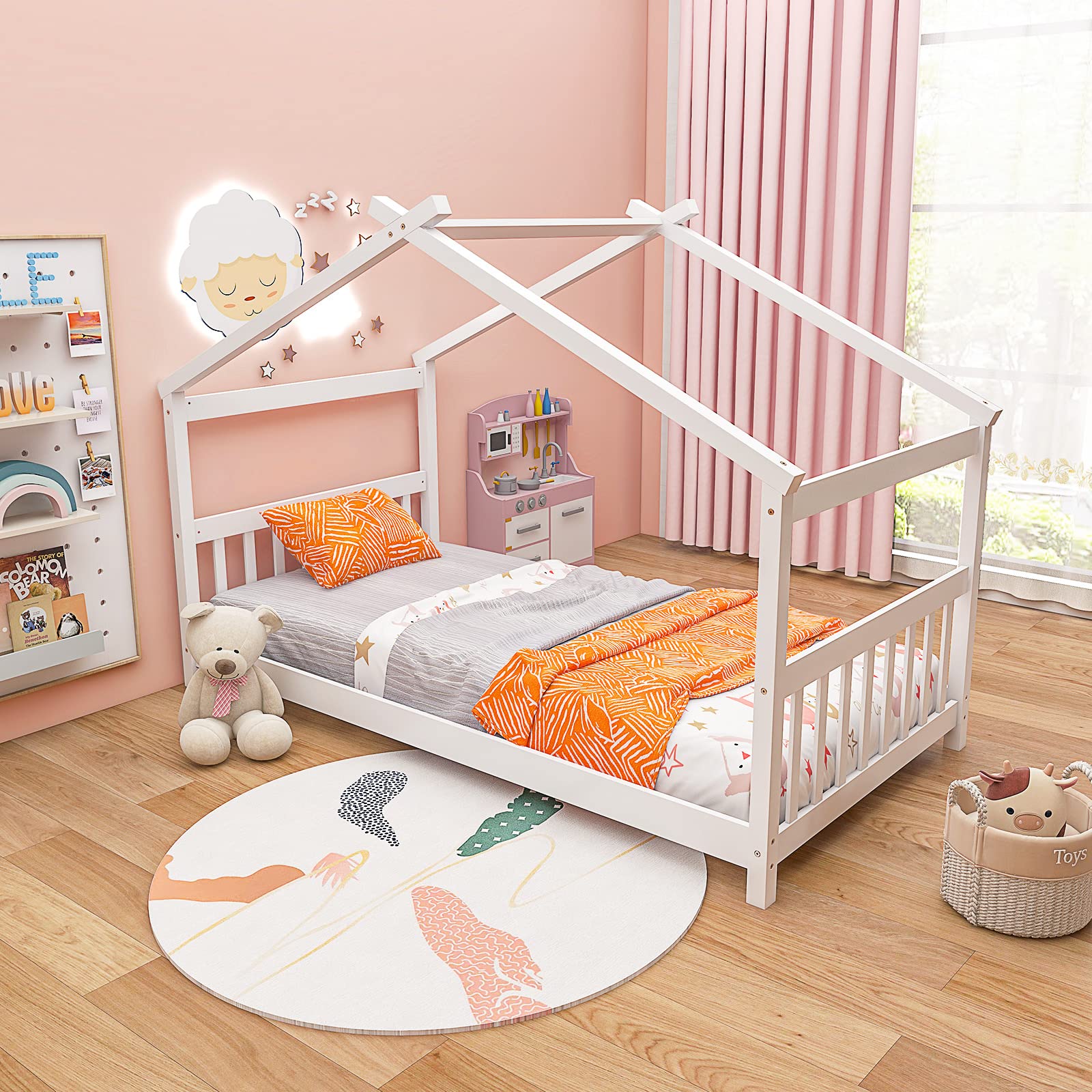 Giantex House Bed Twin, Solid Wood Kids House Bed With Roof, Headboard And Footboard, Low Floor Twin Bed Frame For Toddlers Teens Girls Boys, No Box Spring Needed, White