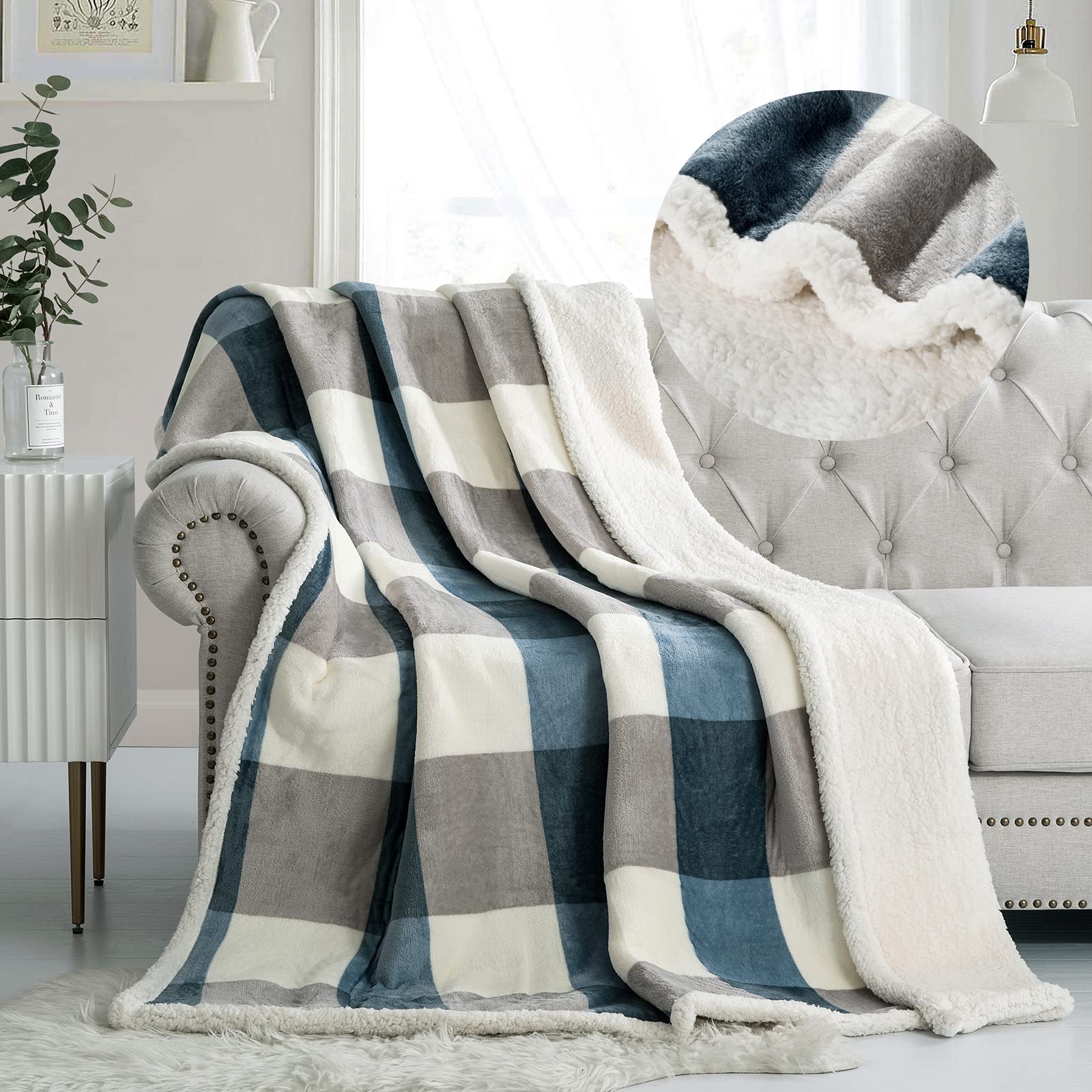 Pu Mei Sherpa Fleece Throw Blanket 60' X 80' Reversible Plush Fluffy Lattice Flannel Blankets For Sofa Couch Bed, Grey-Soft Bl
