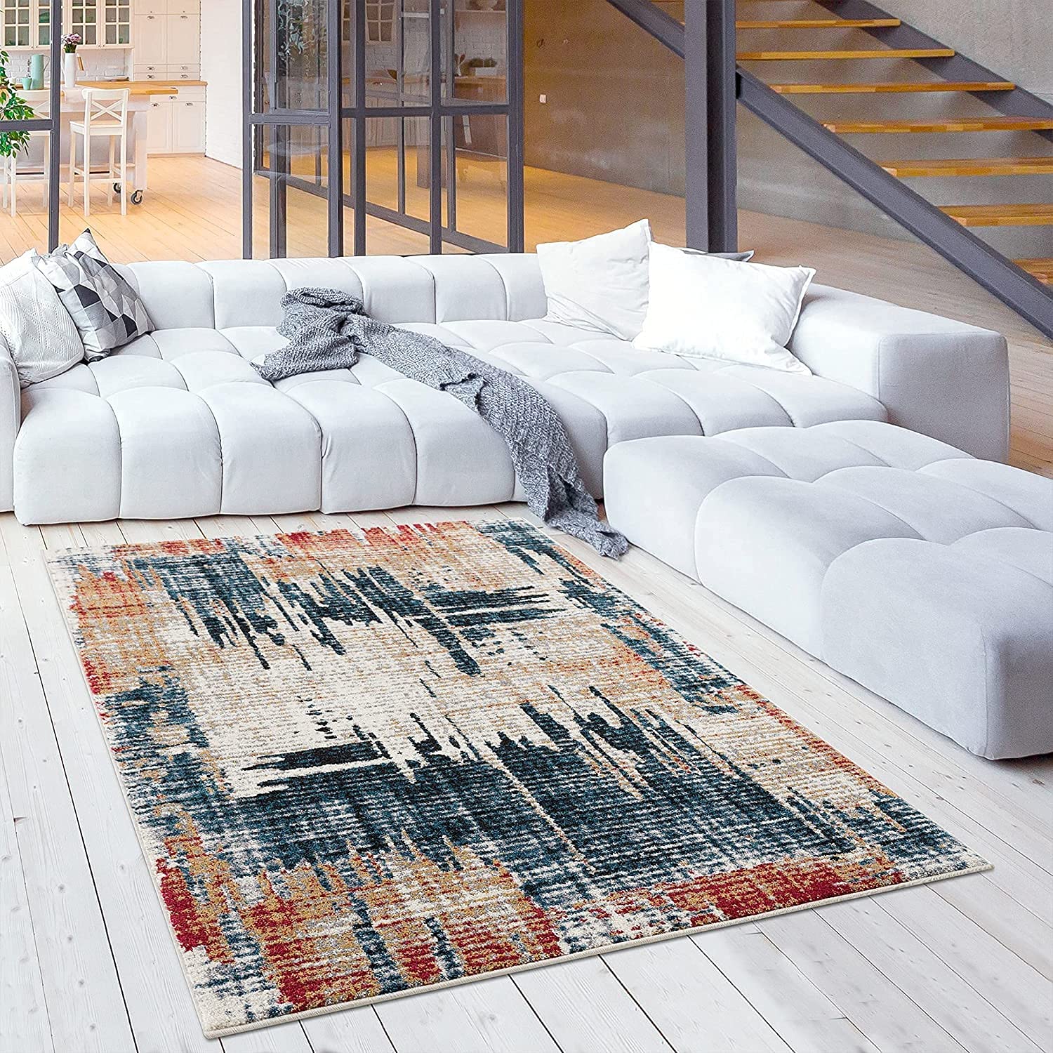 HomeRoots Multi 100% Twisted Polyester 4â€ x 6â€ Blue and Red Mod Distressed Area Rug