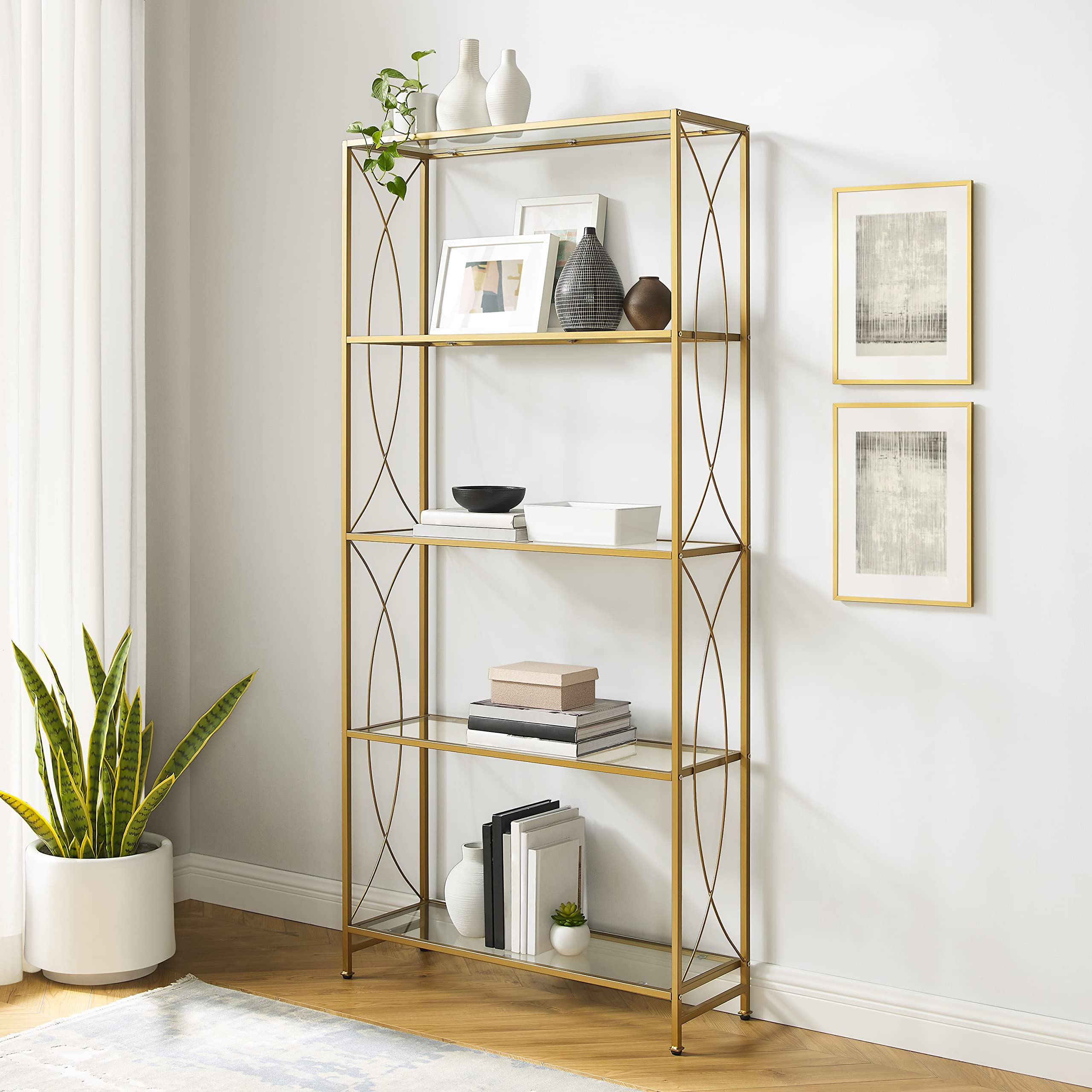 Crosley Furniture Helena Bookshelf With Glass Shelves, Bookcase Storage, Gold