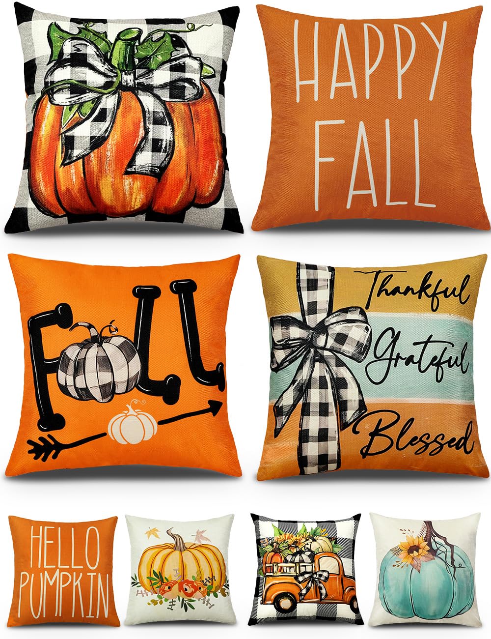 Fall Decorations Set Of 4 Double-Sided Print Fall Pillow Covers 18' X 18', With 8 Cute Fall Decor Patterns, Soft Linen Throw P