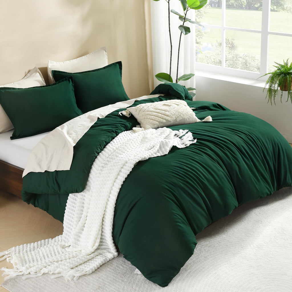 Litanika Dark Emerald Green Queen Comforter Set, 3 Pieces Solid Forest Bedding Set, All Season Fluffy Bed Set (90X90In Comforter