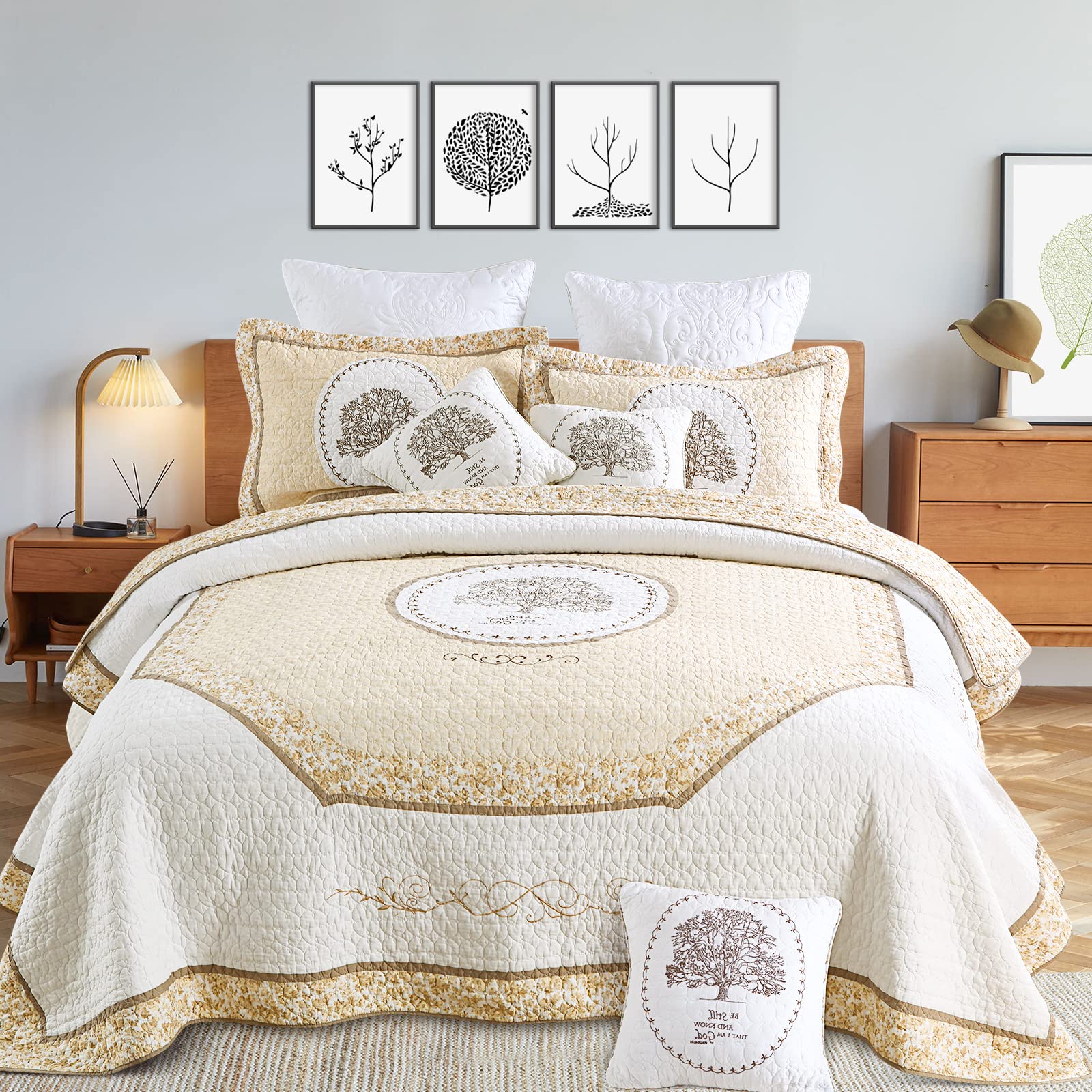 Geecomfy 3Pcs Tree Of Life Quilt Set Cotton Embroidery Bedspread Lightweight Coverlet Set For All Season Use, Queen/Full Size 94