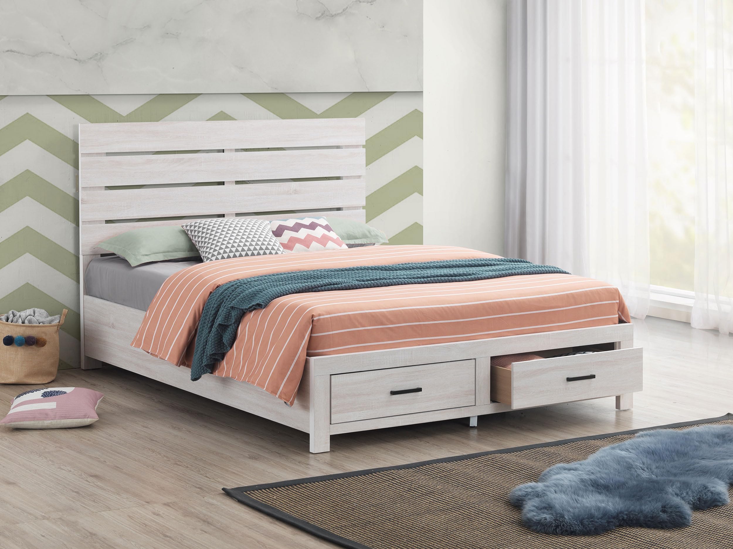 Coaster Home Furnishings Brantford Farmhouse Wood Eastern King Size Storage Panel Bed Frame Platform Bed 49-inch Headboard Coastal White 207050KE