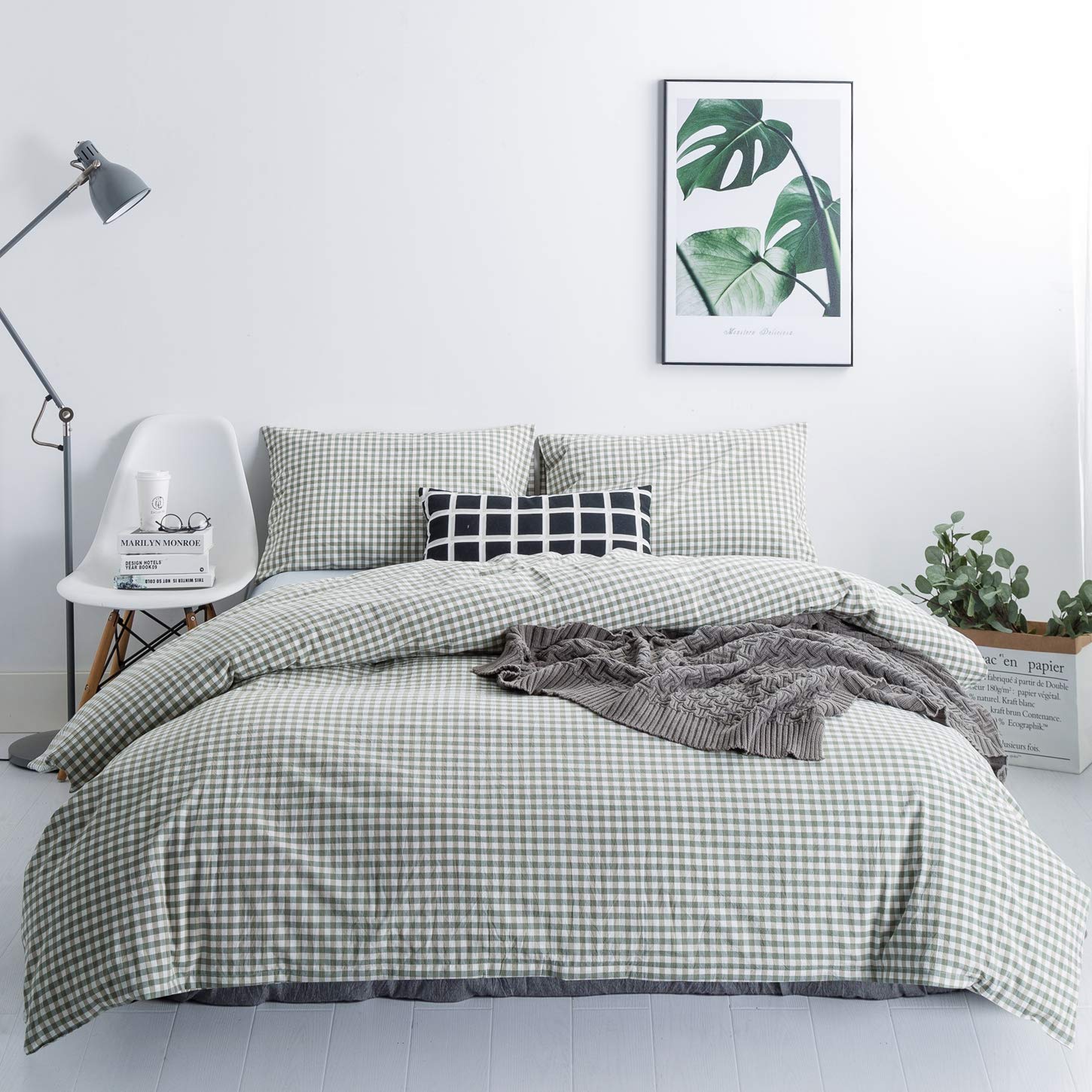 SUSYBAO Green Gingham Duvet Cover King Size 100% Washed Cotton Grid Duvet Cover Set 3 Pieces 1 Green Plaid Duvet Cover with Zipp