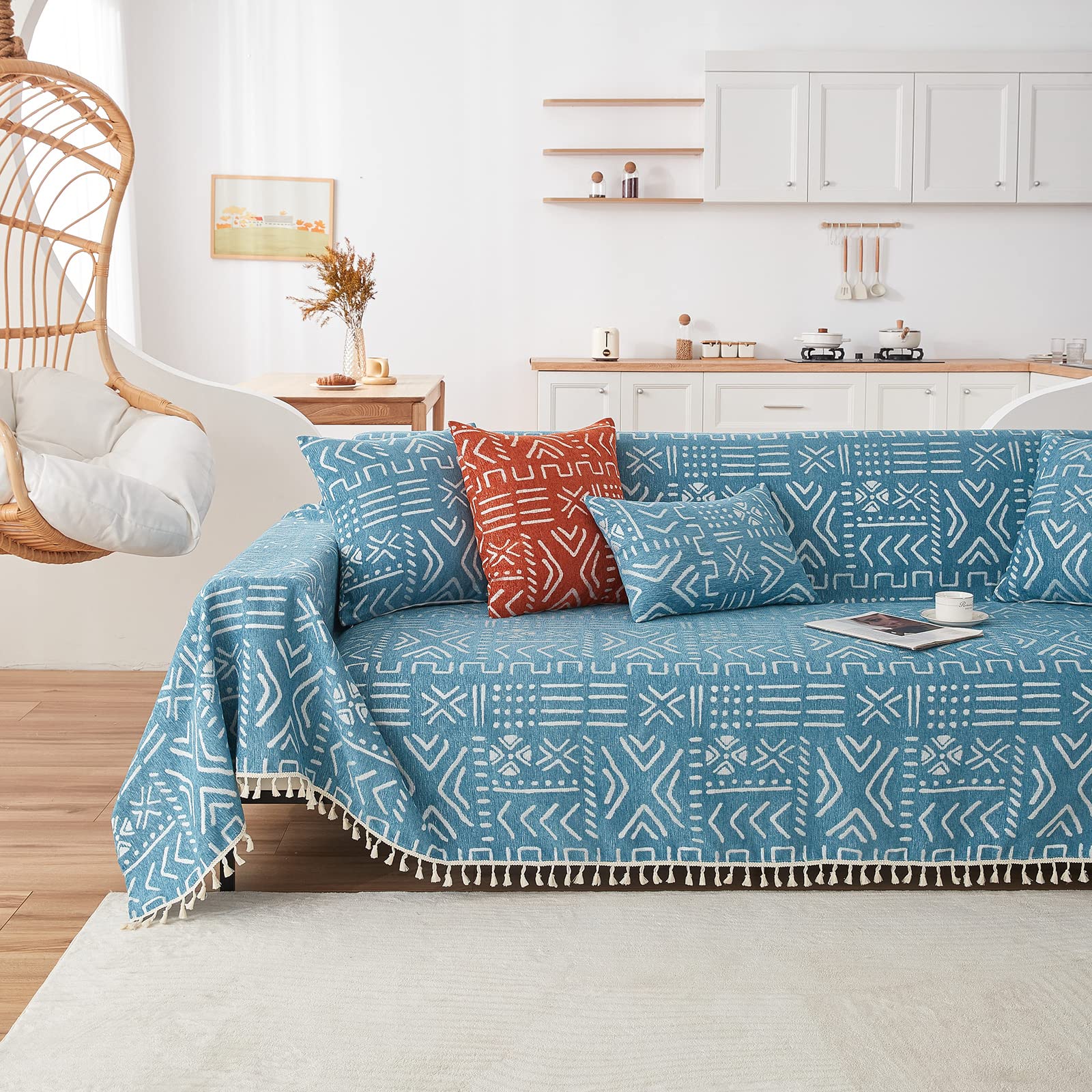 Handontime Turquoise Couch Protector For Dogs Boho Tassel Blue Couch Cover Farmhouse Sofa Covers Aztec Tribal Couch Covers For 3 Cushion Couch Sofa Universal Sofa Slipcover For Home Décor, 71' X118'