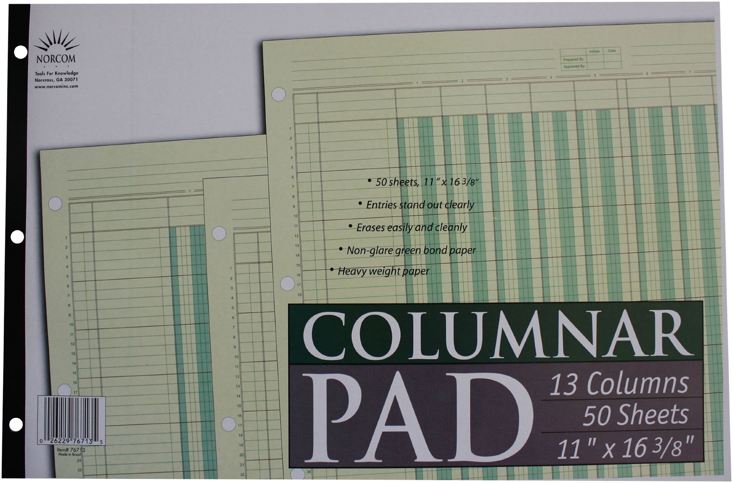 Norcom Columnar Pad 13 Columns, 11 X 16.375 Inches, 50-Sheets, Green (76713-10)