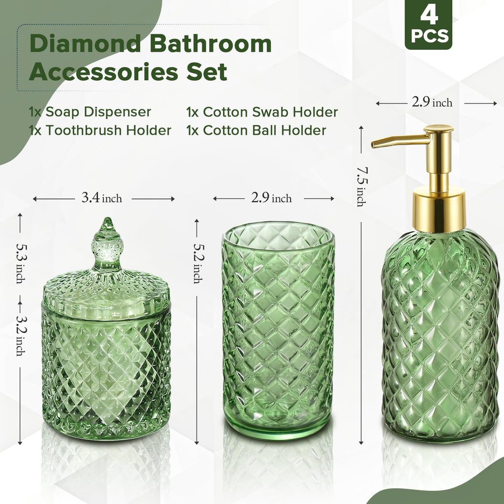 RYTOXILO Green Bathroom Accessories Set, 4 Pack Olive Green Decor, Diamond Glass Soap Dispenser & Toothbrush Holder, QC_zslsblwy