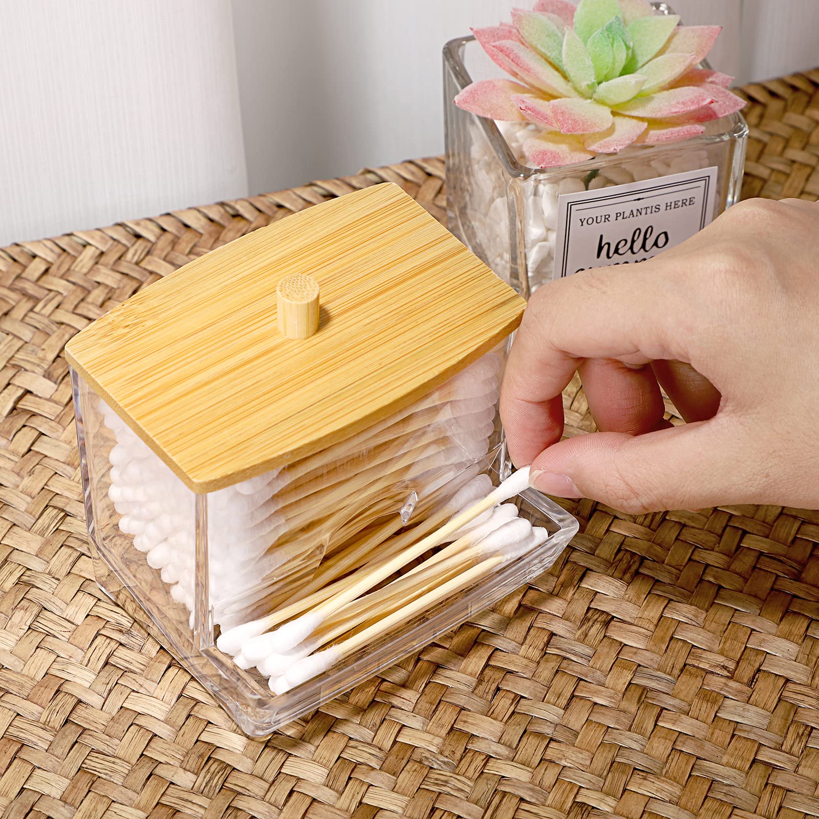Hipiwe Clear Acrylic Q-Tip Holder with Lid - Bathroom Cotton Swab Dispenser Canister Organizer for Countertop Storage