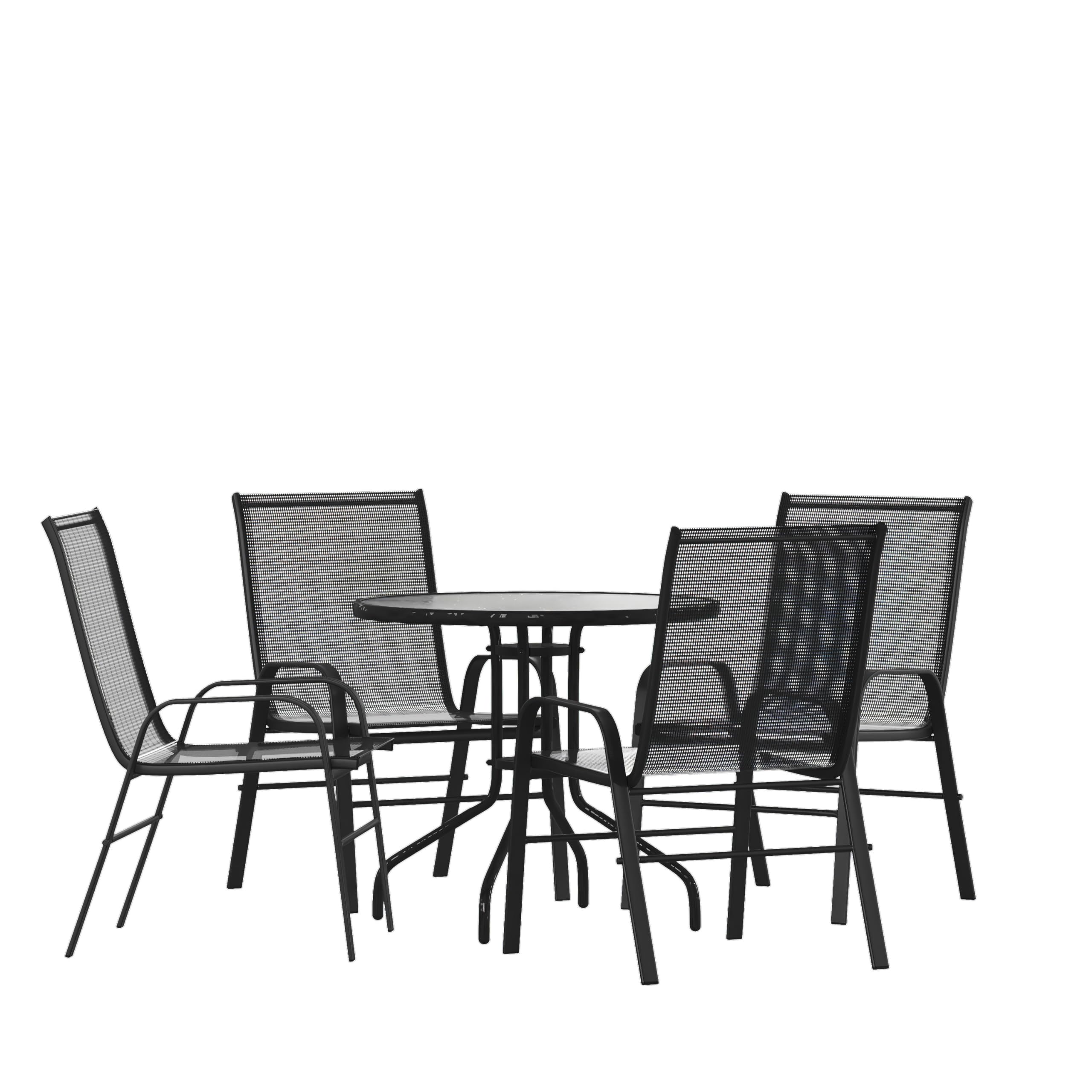 Flash Furniture Brazos 5 Piece Outdoor Patio Dining Set - 4 Black Flex Comfort Stack Chairs - 31.5 Round Tempered Glass Patio Ta