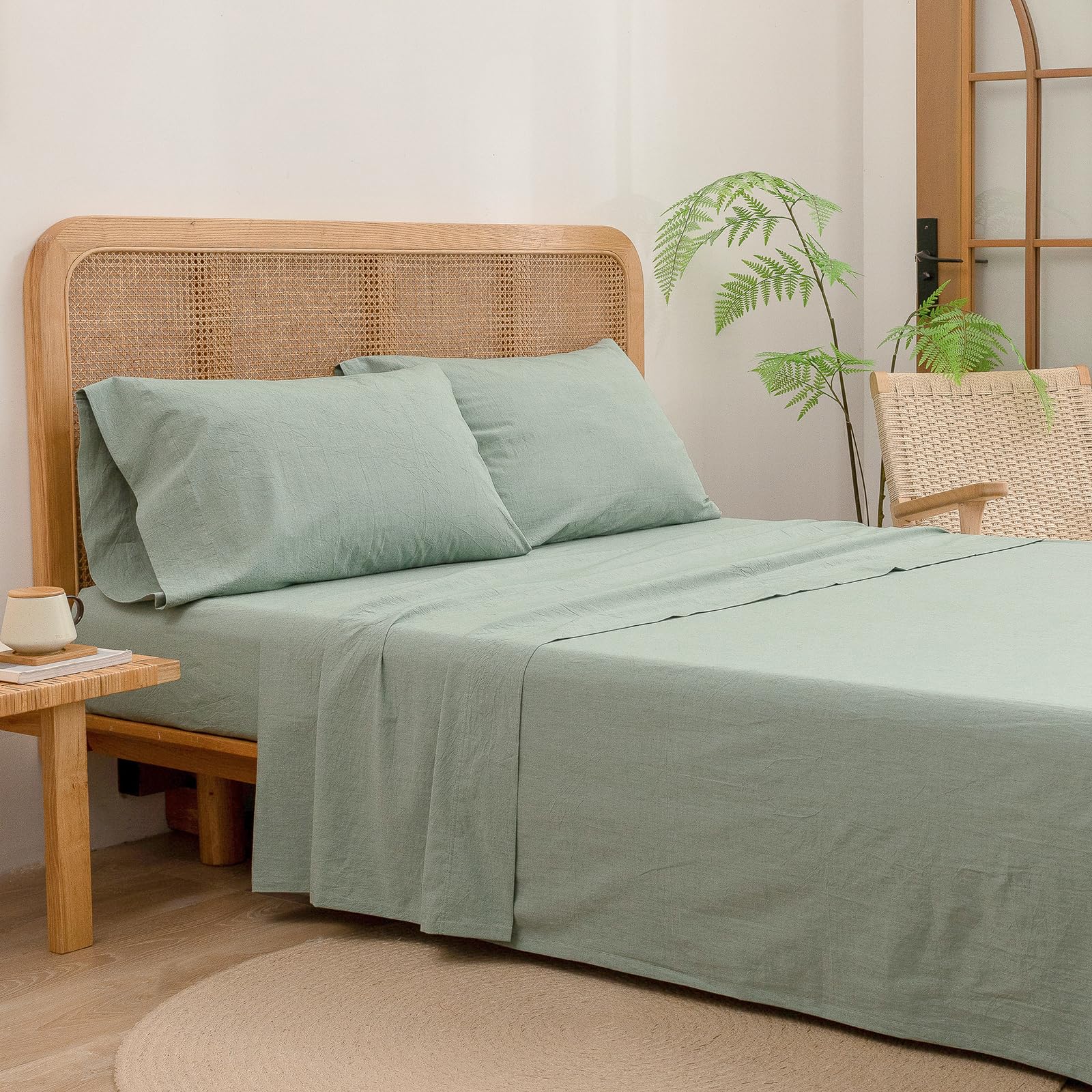 Bestouch Sheet Set 100% Washed Cotton Linen Feel Super Soft Comfortable Chic Lightweight 3 Pcs Home Bedding Set Solid Green Twin