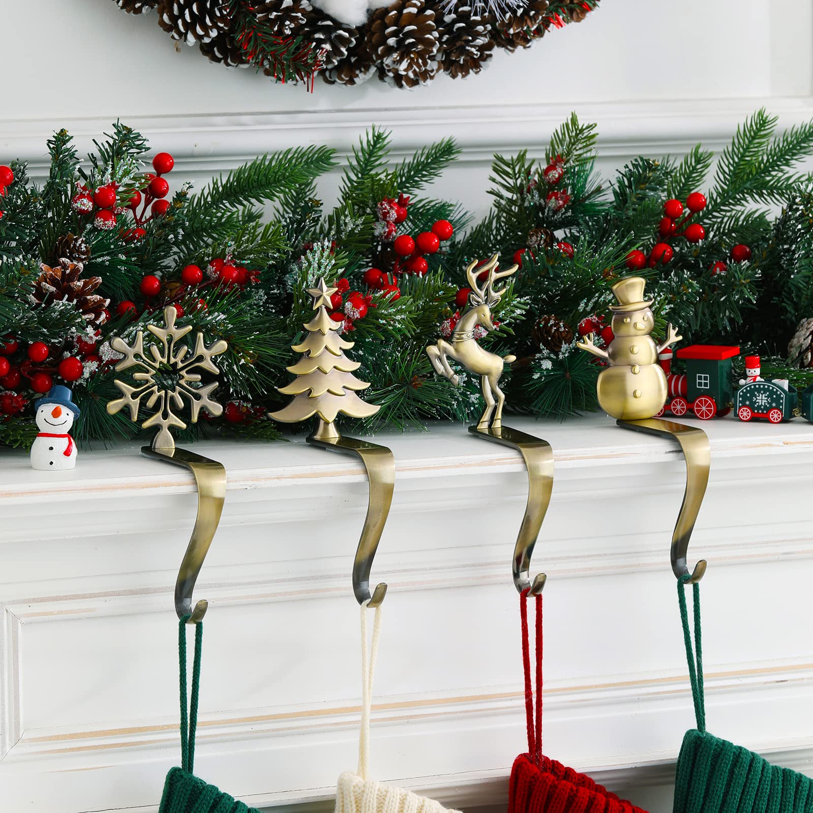 Night-Gring Christmas Stocking Holder - Set Of 4 Stocking Hangers Snowman Santa Snowflakes Christmas Tree Deer Christmas Stockin