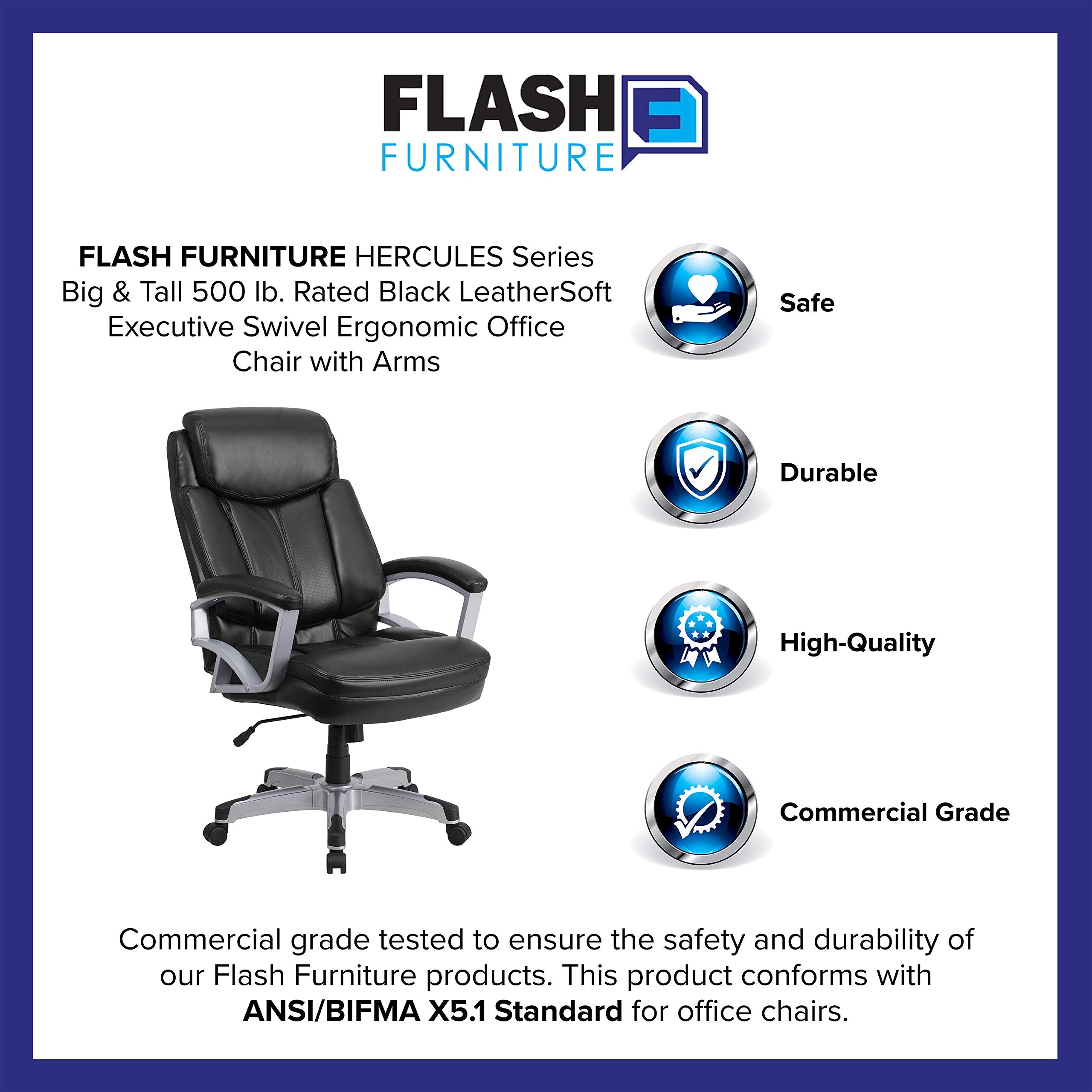 Flash Furniture HERCULES Series Big & Tall 500 lb. Rated Black LeatherSoft Executive Swivel Ergonomic Office Chair with Arms