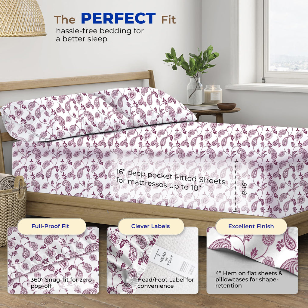 Thread Spread 100% Egyptian Cotton Printed Bed Sheets - 600 Thread Count 3 Pc Twin Sheet Set, Hotel Luxury Sateen Bedsheets, 16' Deep Pocket Soft Cooling Sheets For Twin Size Bed - Paisley