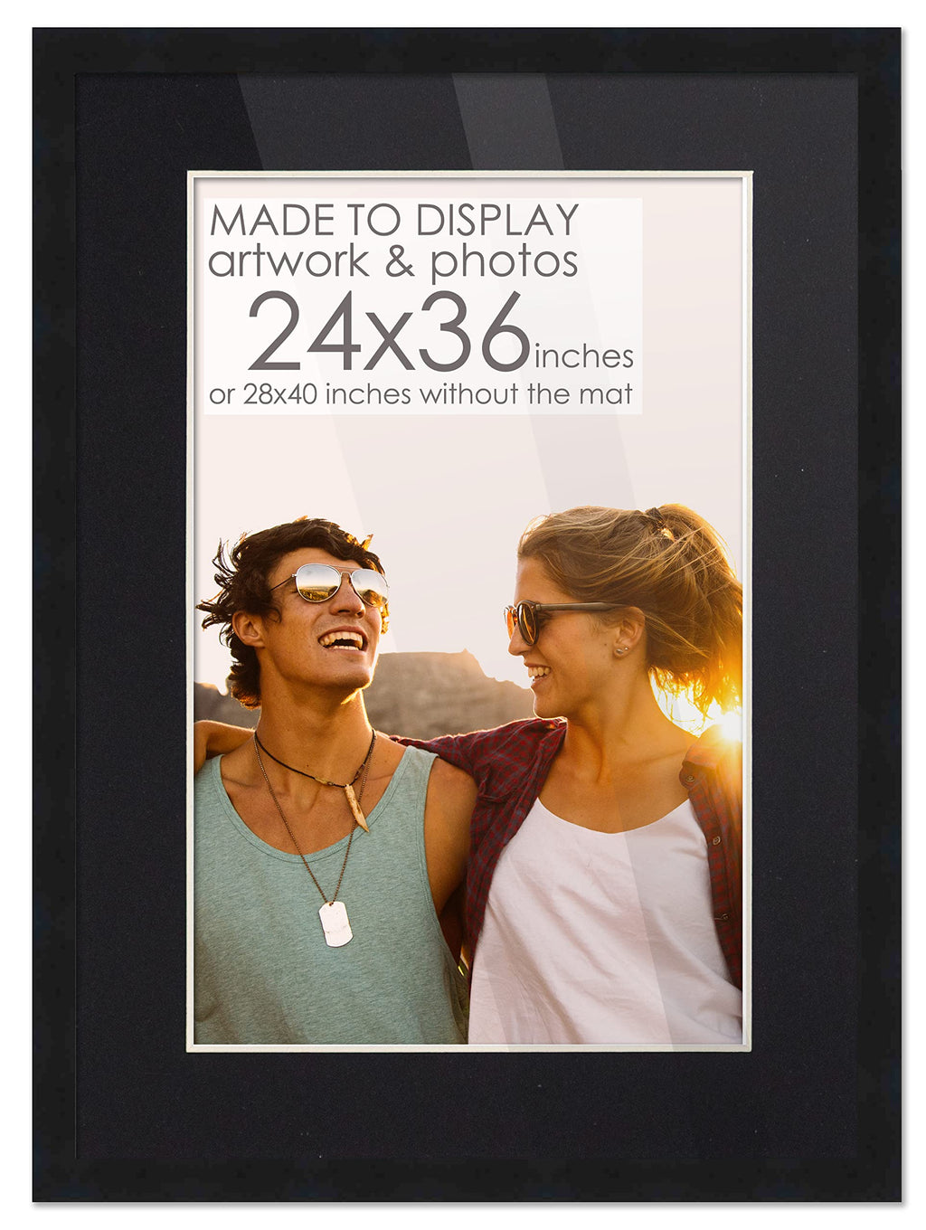 CountryArtHouse 24x36 Frame Black Solid Wood with Black Mat | 28x40 Frame Matted to 24x36 | Includes UV Acrylic Plexiglass, Foam