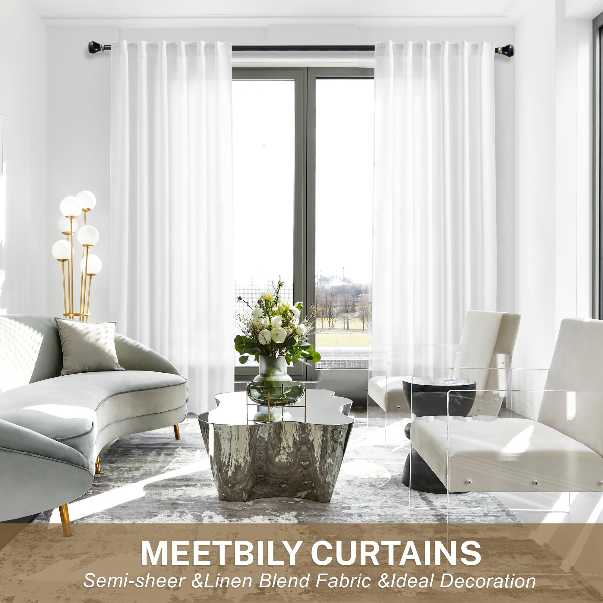 Meetbily Semi Sheer White Linen Curtains 96 Inches Long For Living Room 2 Panels Set Back Tab Light Filtering Modern Farmhouse B