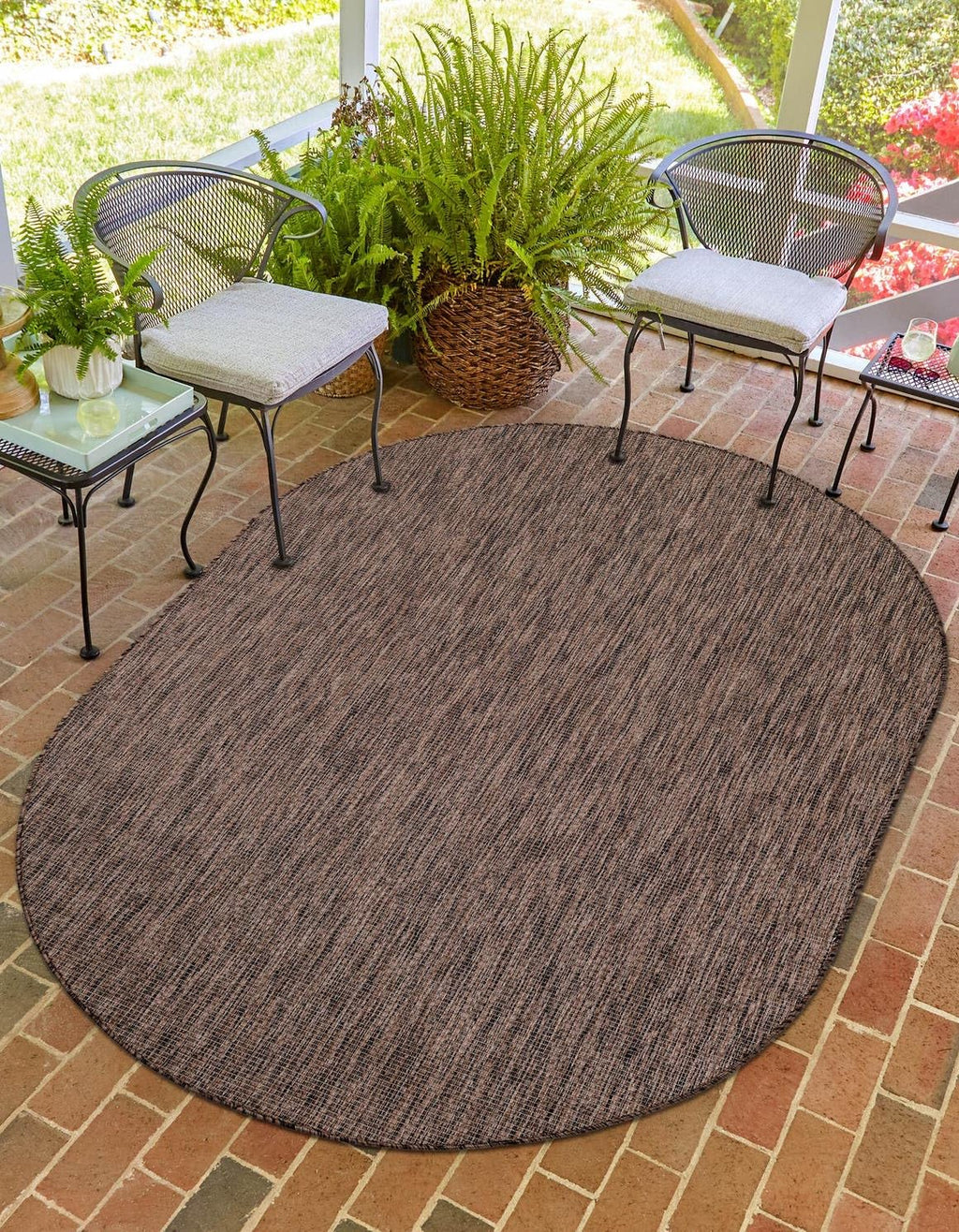 Unique Loom Outdoor Solid Collection Area Rug (5' 3'' x 8' Oval Light Brown/Ivory)