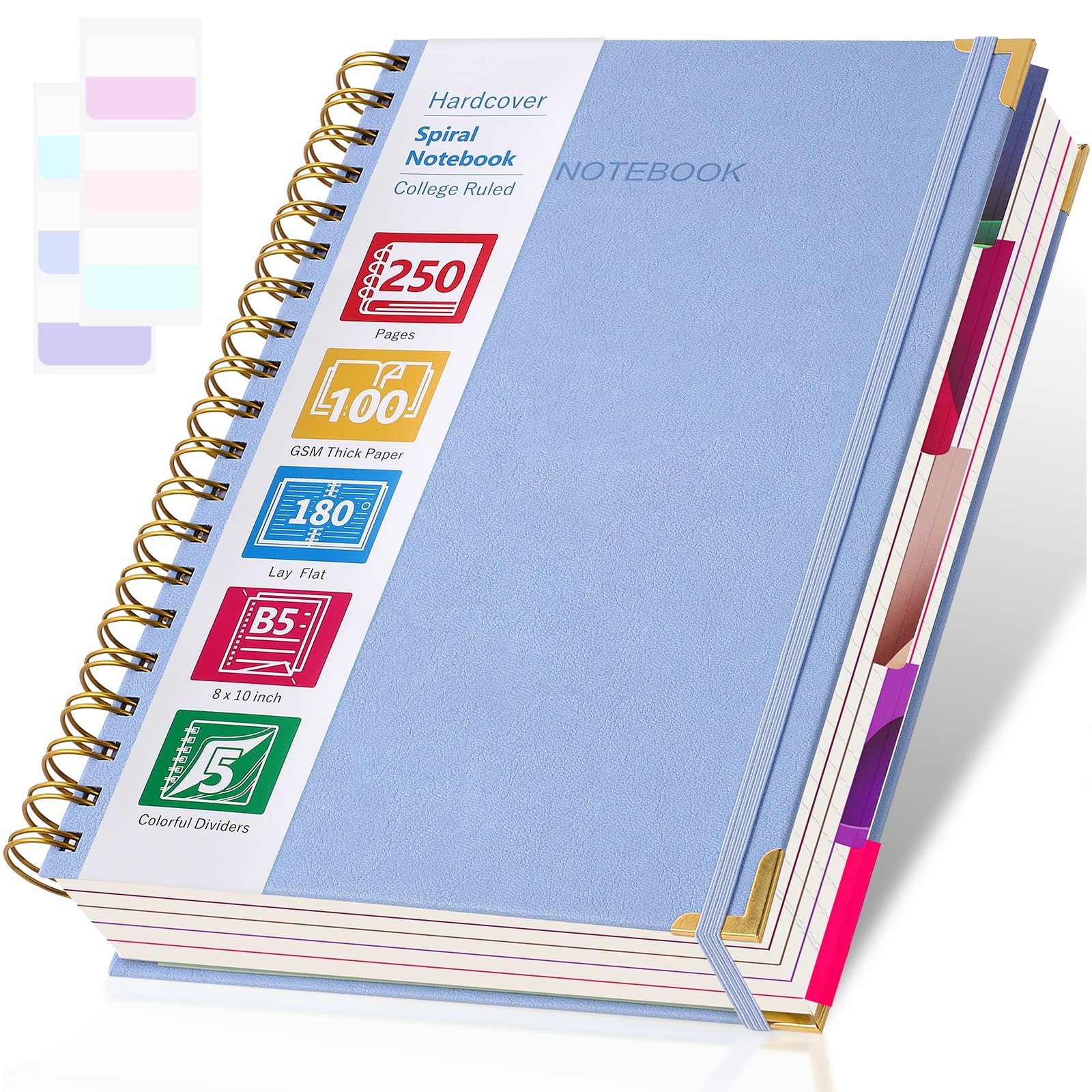 Spiral Notebook, Notebooks College Ruled, 5 Subject Notebook With Dividers, Hardcover Notebooks For Work, School, Note Taking, 2