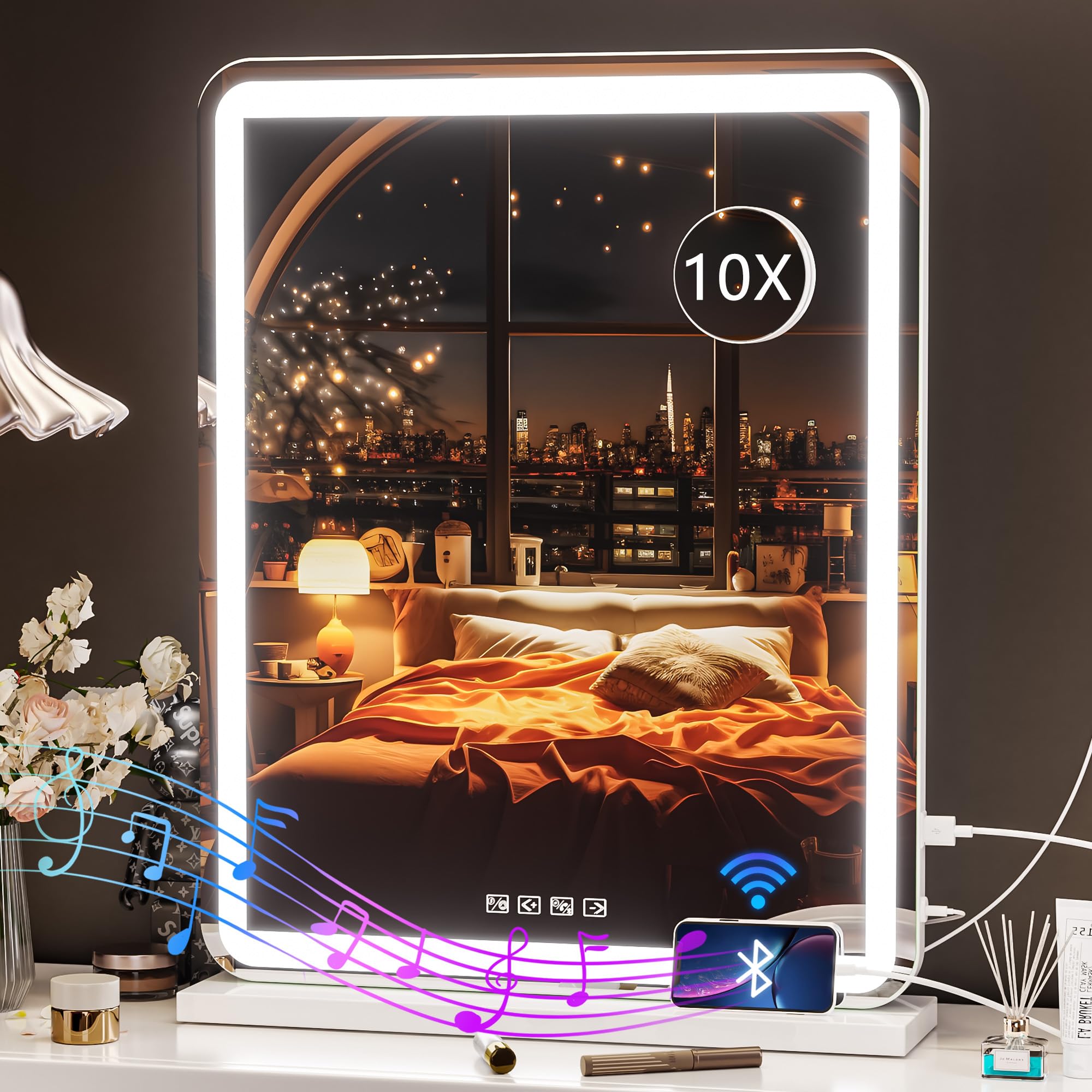 Hasipu Vanity Mirror with Lights and Bluetooth Speaker, 20' x 25' LED Makeup Mirror, Light up Mirror with 10X Magnification an