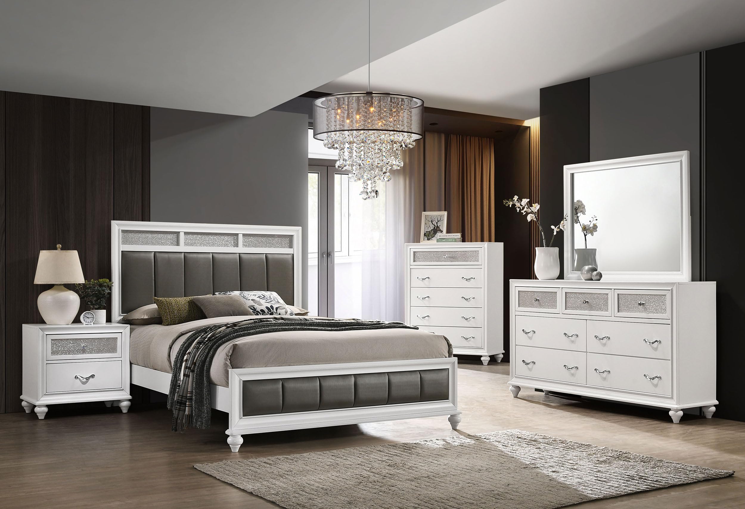 Coaster Home Furnishings Barzini Modern Classic 5-Piece Bedroom Set Leatherette Upholstered Queen Size Panel Bed Frame 56-inch Headboard White 205891Q-S5