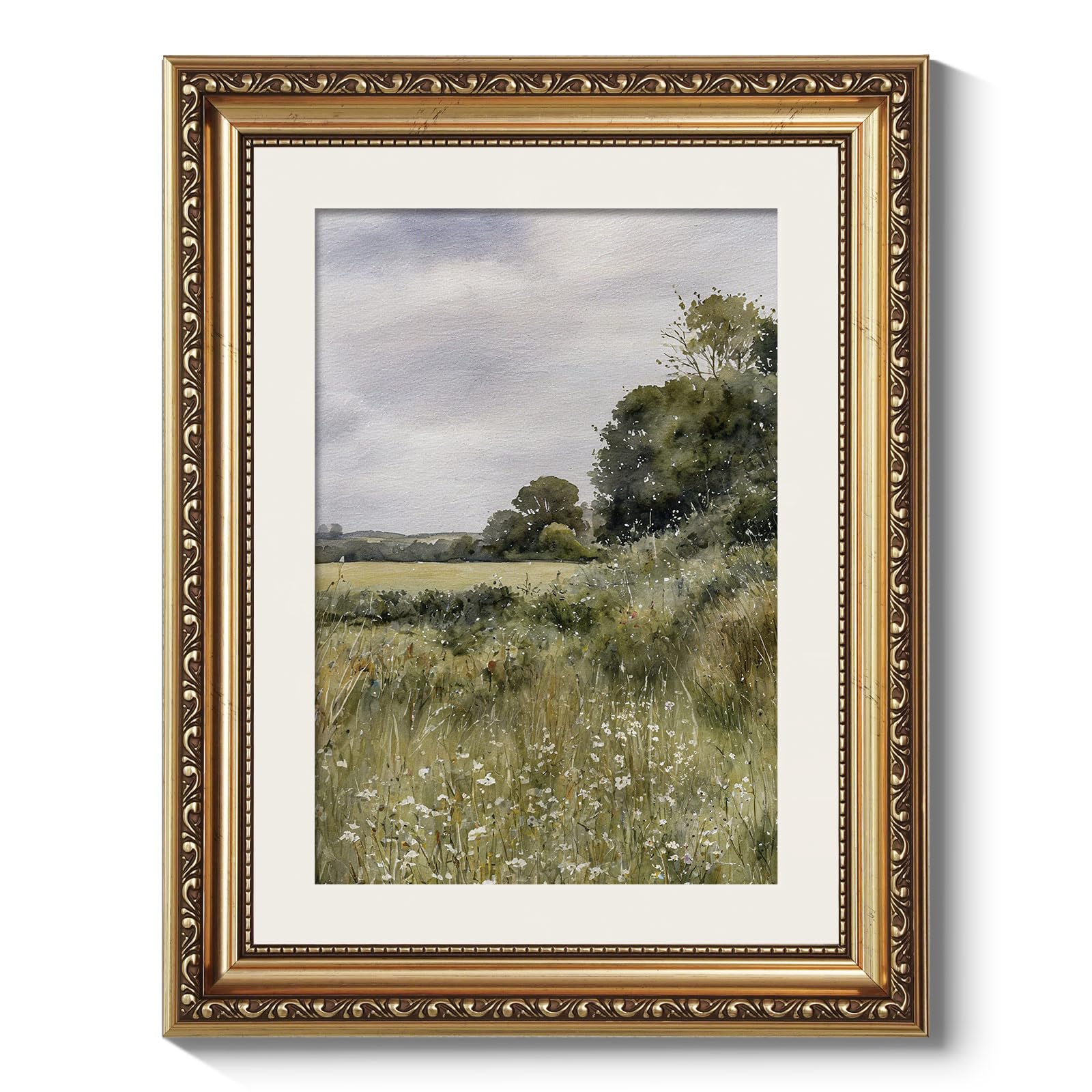 ARPEOTCY Vintage Gold Framed Wall Art, Farmhouse Meadow Landscape Country Paintings, Moody Rustic Canvas Picture Prints Artwork 