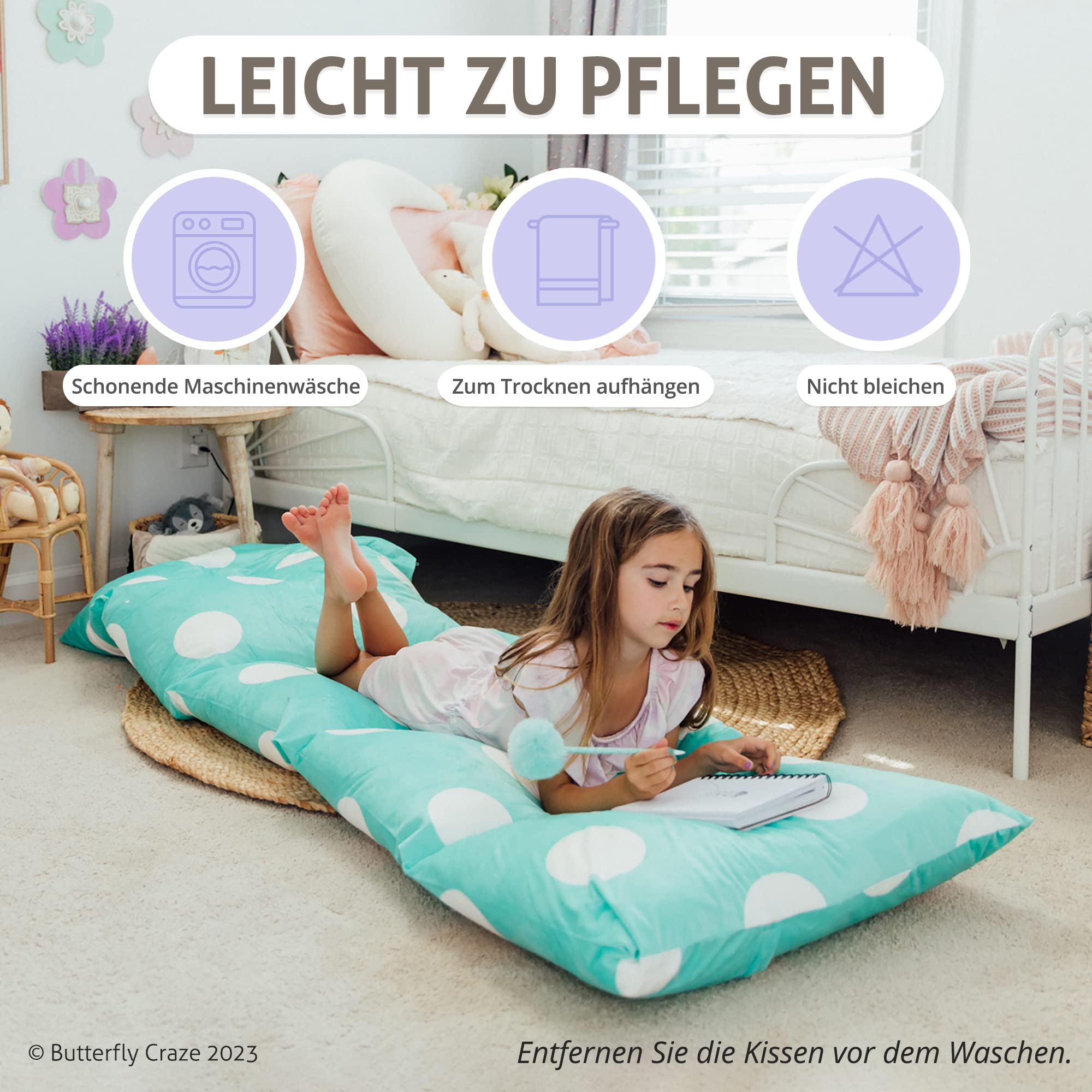 Butterfly Craze Floor Pillow Cover Queen Polka Aqua Lounger Cushion for Kids & Adults