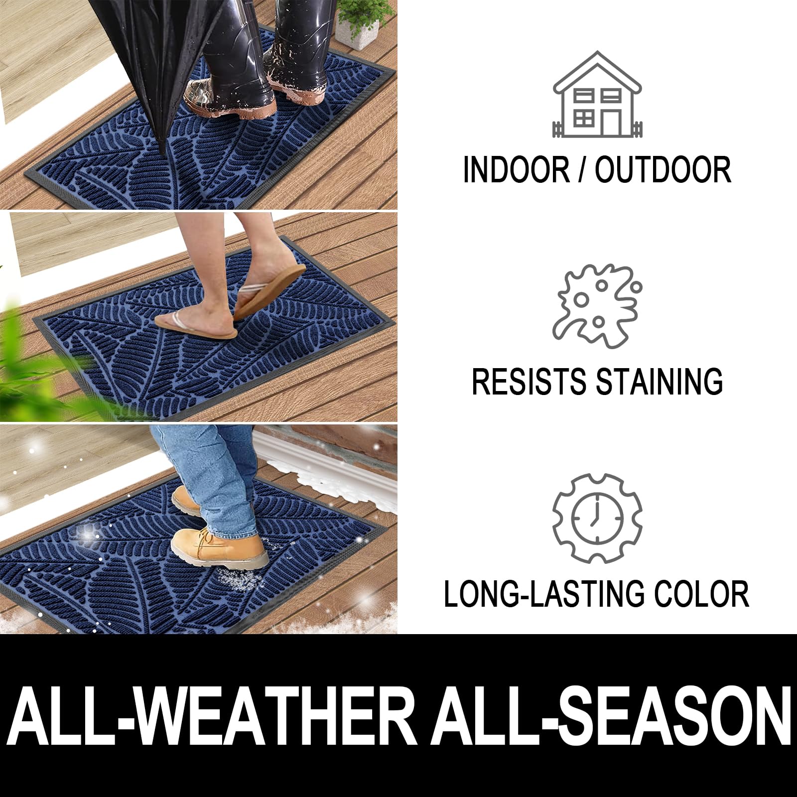 Colorxy Waterproof Doormat, Sturdy Natural Rubber Front Indoor Mat, Non Slip Low Profile Indoor Outdoor Door Mat, Stain And Fade Resistant Floor Mat, Easy Clean Patio Entrance Mat, 30''X17'', Navy