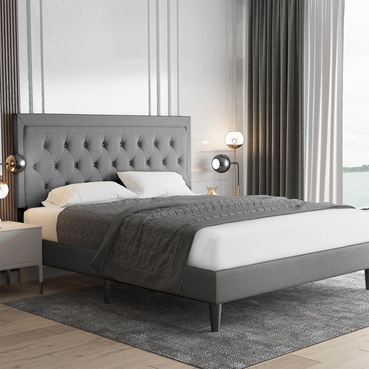 Allewie Queen Size Bed Frame Upholstered Platform Bed With Adjustable Headboard, Button Tufted, Wood Slat Support, Easy Assembly, Light Grey
