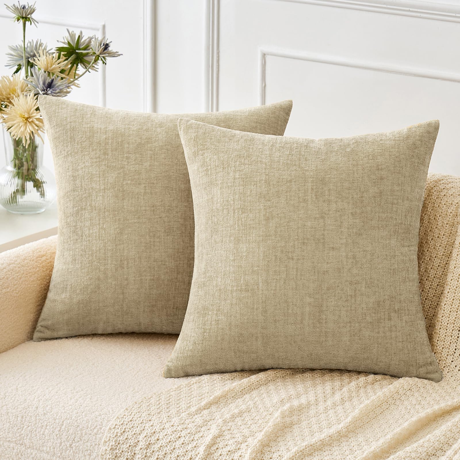Miulee Pack Of 2 Beige Throw Pillow Covers 20X20 Inch Soft Chenille Pillow Covers For Sofa Living Room Couch Solid Dyed Cases