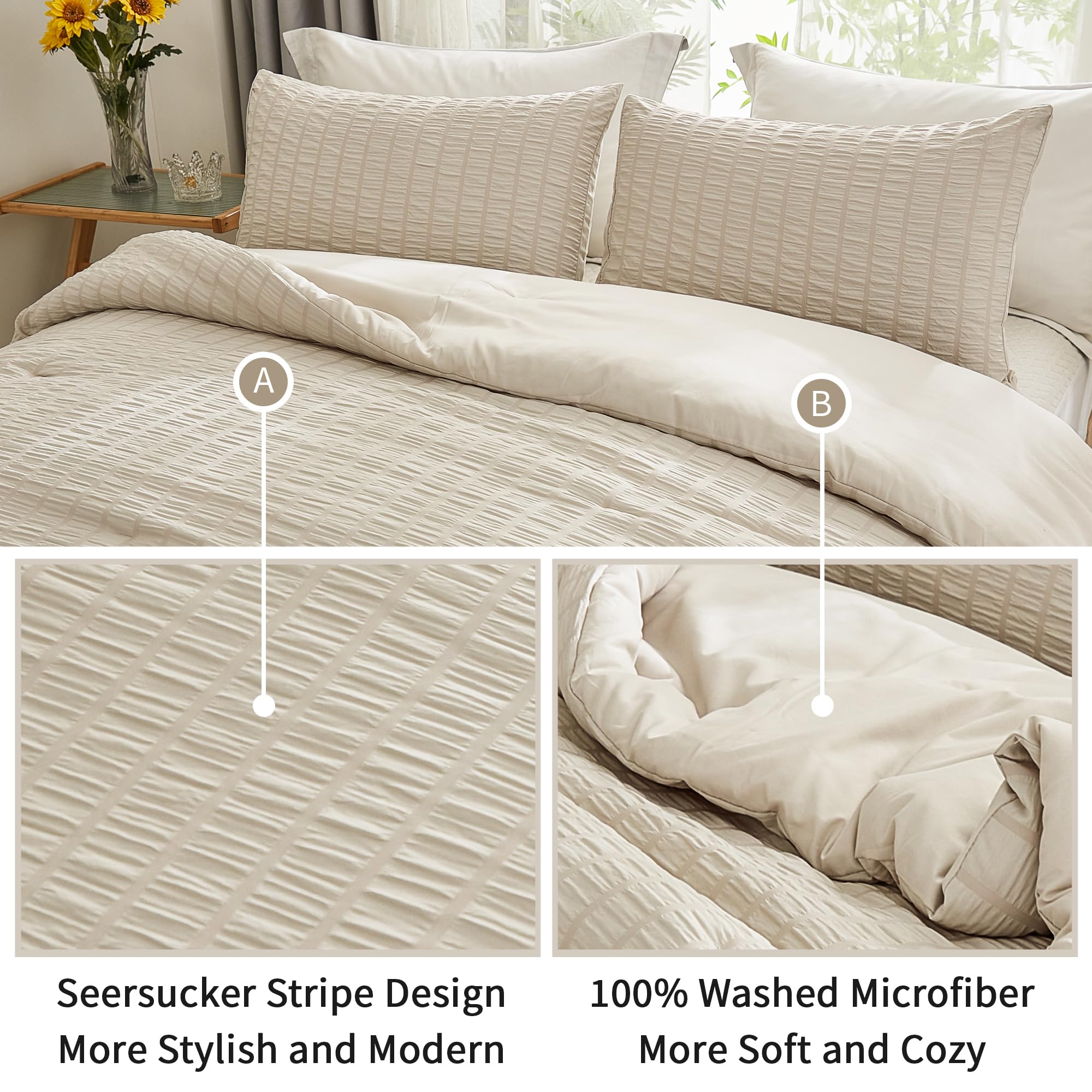 Avelom Beige Seersucker Full Comforter Set (80X90 Inches), 3 Pieces-100% Soft Washed Microfiber Lightweight Comforter With 2 Pillowcases, All Season Down Alternative Comforter Set For Bedding