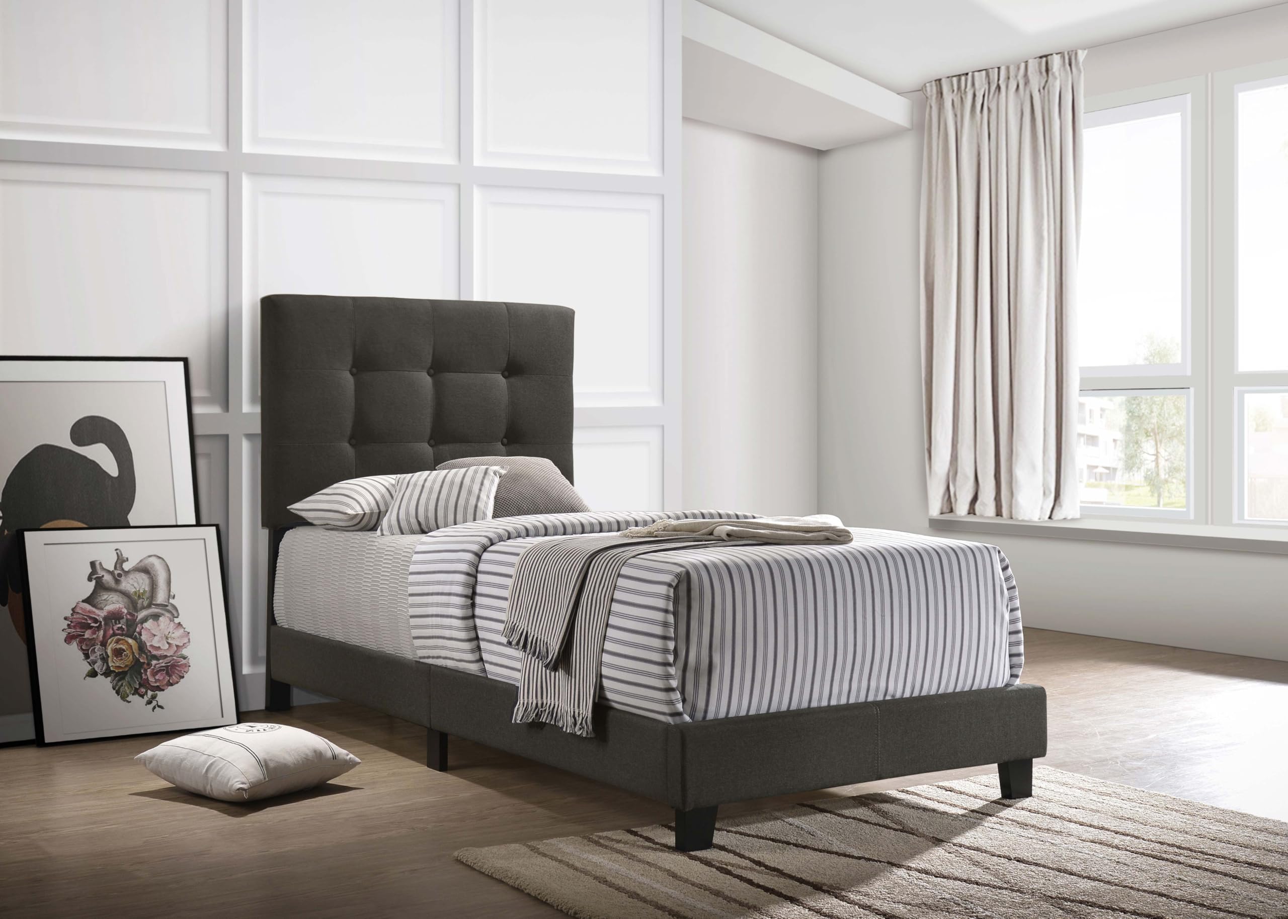 Coaster Home Furnishings Mapes Transitional Fabric Upholstered Twin Size Panel Bed Frame 50-inch Headboard Charcoal 305746T
