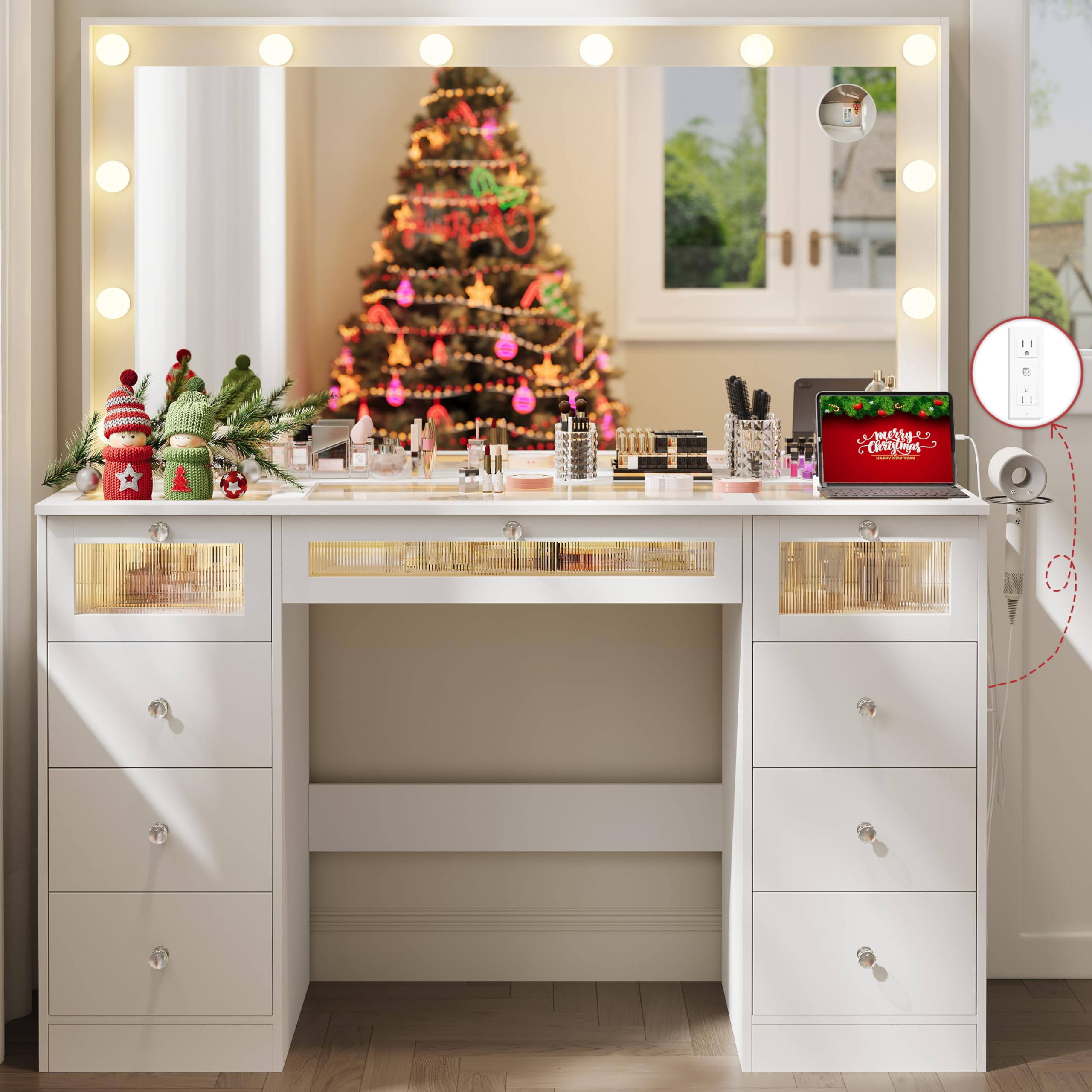 VQRhome White Vanity with Lighted 36.9 Mirror, Glass Top Vanity Desk with 9 Drawers & 3 Color Hollywood Bulbs & 4 Shelves & Acry