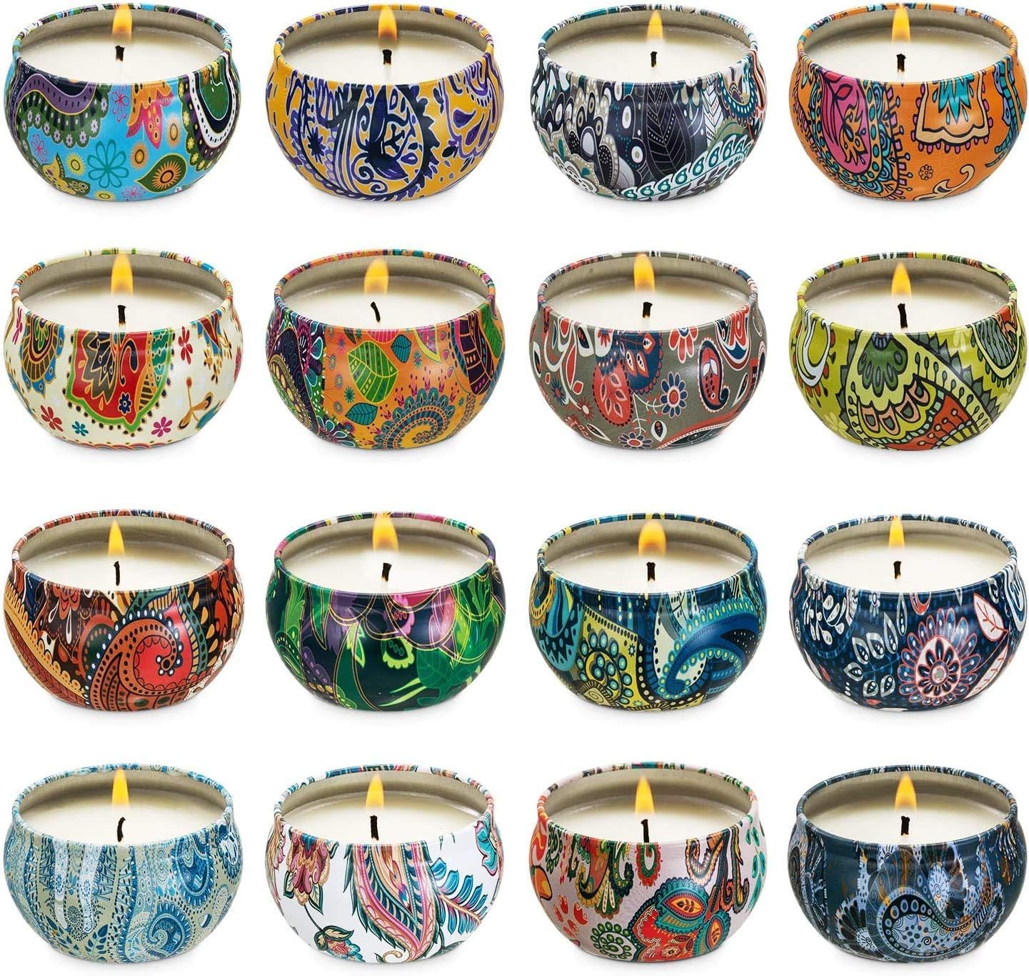 Set of 16 Small Scented Candles Soy Wax Aromatherapy Candles 2.5 OZ Portable Tin Candles with Lid, Relaxation Gifts Basket for M