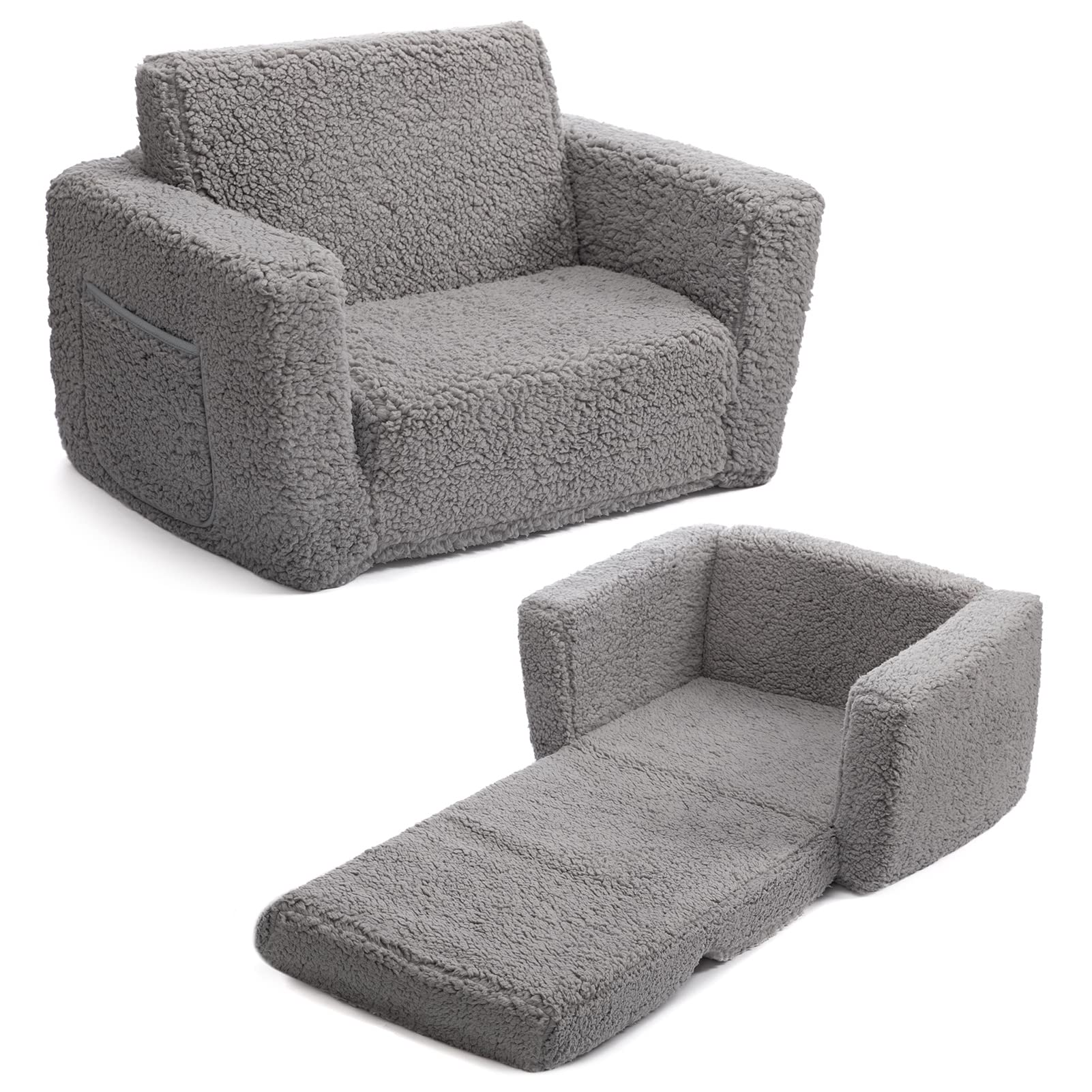 Alimorden 2-In-1 Flip Out Cuddly Sherpa Toddler Couch, Convertible Sofa To Lounger, Grey