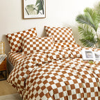 Clothknow Brown Beige Grid Comforter Set California King 3Pcs Pumpkin Plaid Bedding Comforter Sets Checker Comforter Soft Carame
