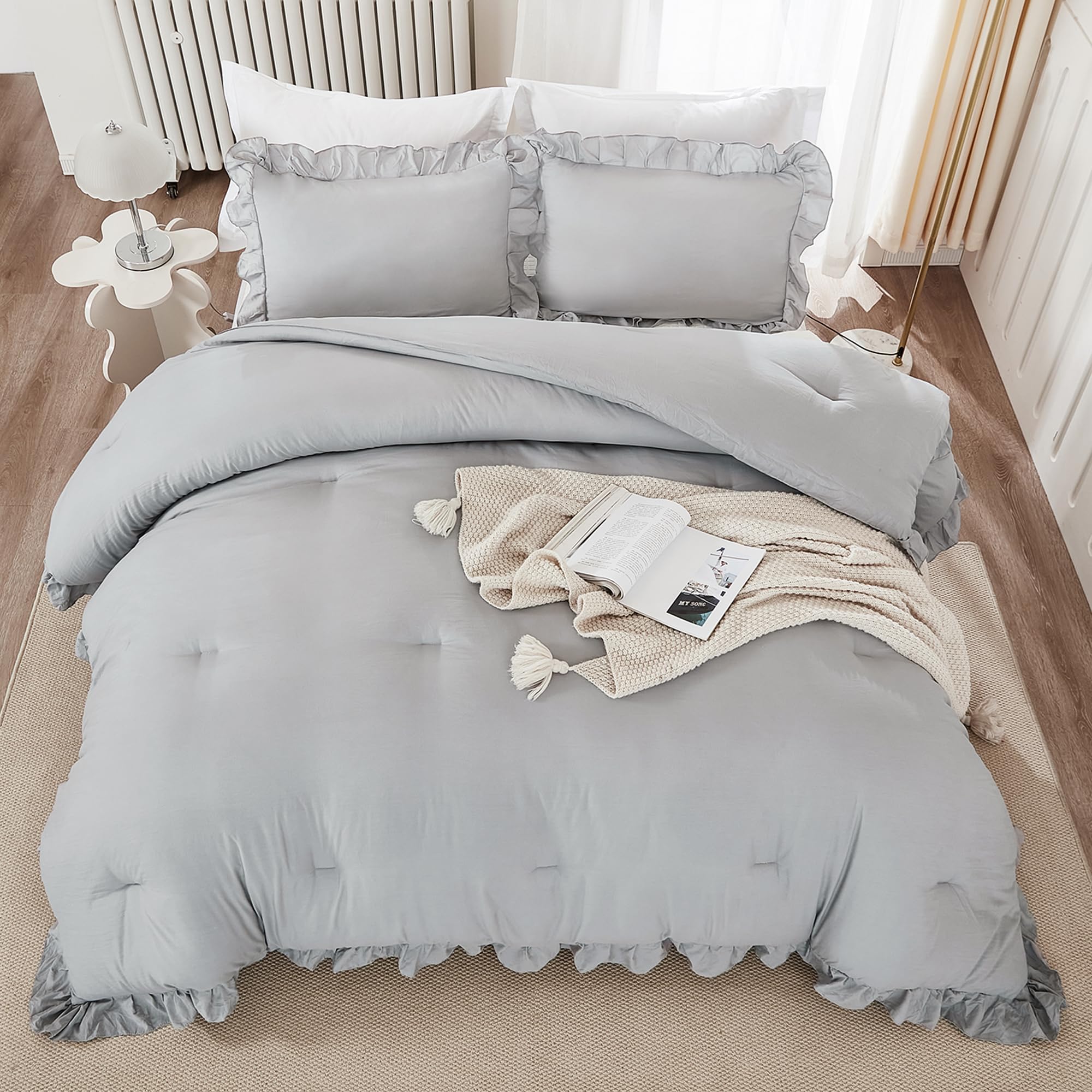 Andency Silver Gray Twin Size Comforter, 2 Pieces Farmhouse Classic Chic Ruffle Comforter For Kids, Lighteweight Soft Microfiber Bedding Set For Girls(1 Ruffle Comforter And 1 Pillowcase)