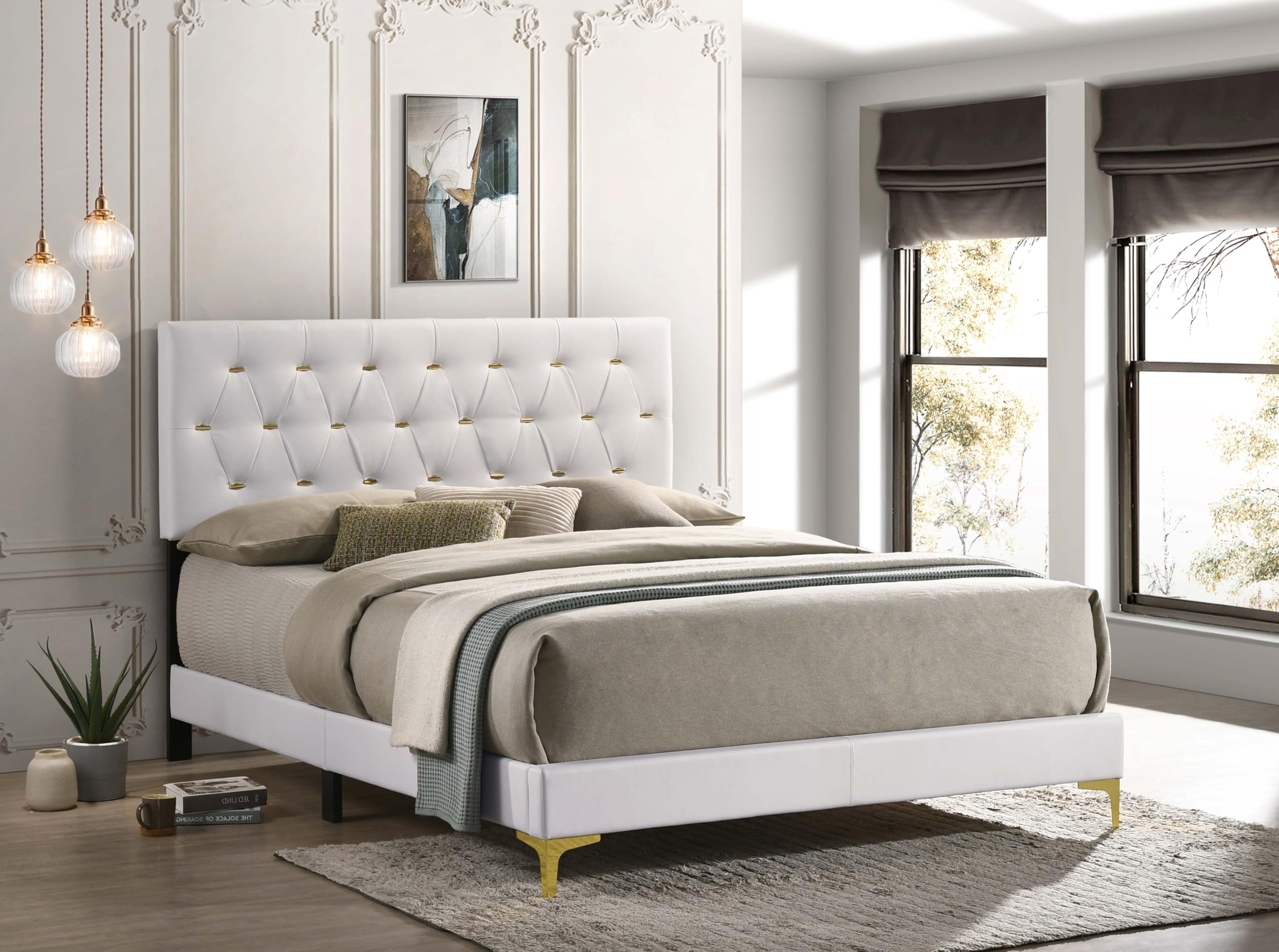 Coaster Home Furnishings Kendall 49-Inch Upholstered Bed Eastern King Size Modern Panel Bed Frame Velvet Upholstery Button Tufted with Gold Accents White 224401KE