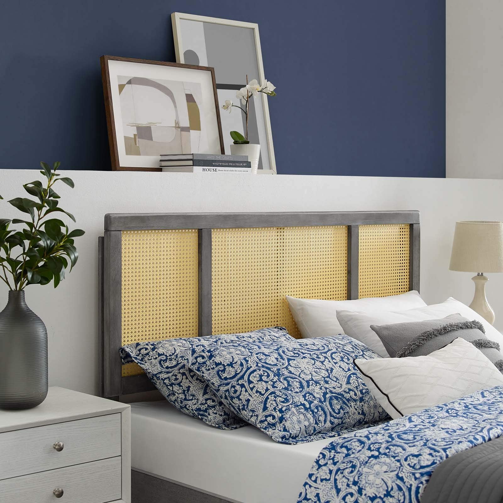 Modway Delmare Cane Woven Rattan Headboard, Full, Gray
