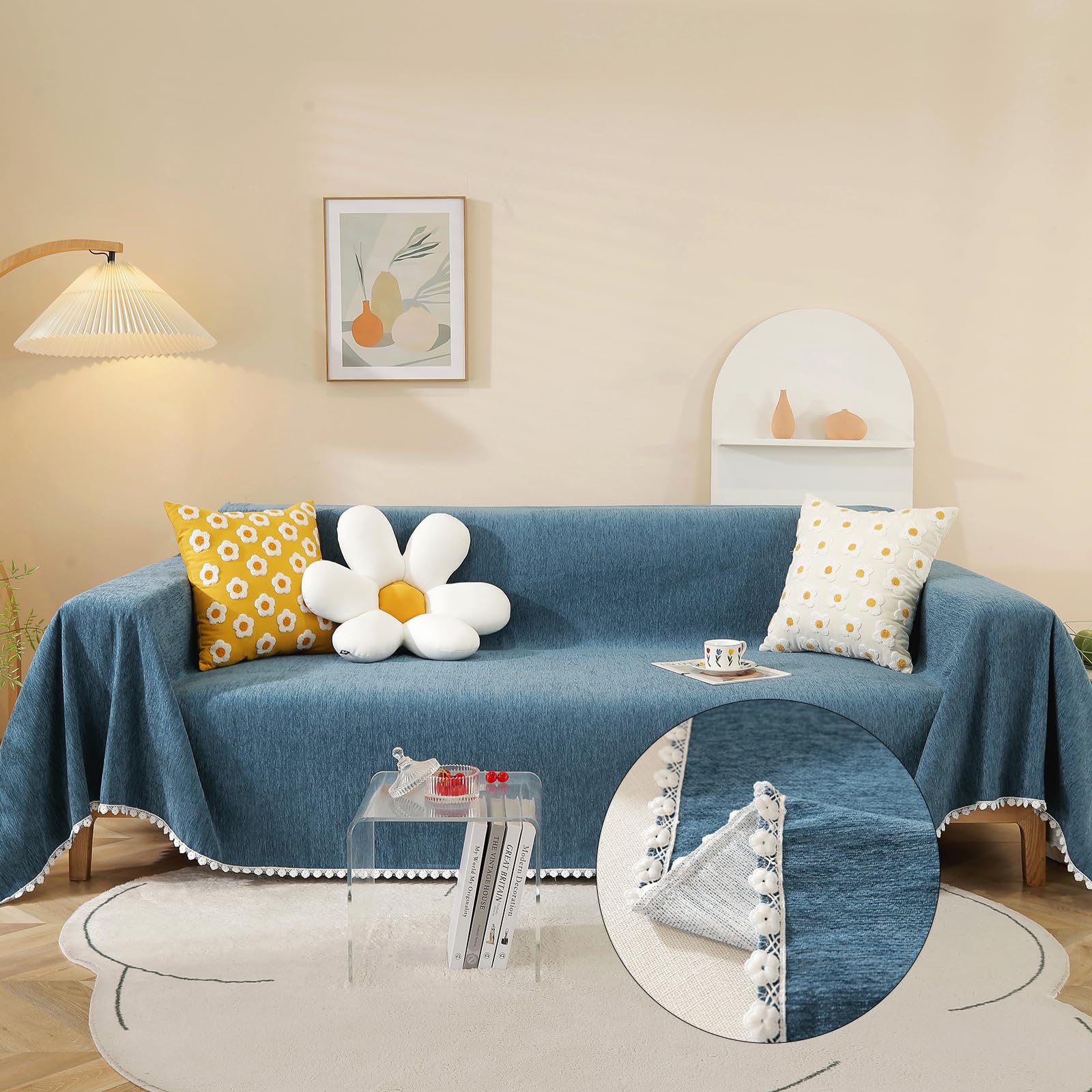 Handontime Navy Blue Sectional Couch Covers, Sofa Covers For 3 Cushion Couch Chenille Couch Cover Durable Rv Dinette Cushion Covers With Floral Lace Couch Cover For Dogs Kids Easy Fitted, 71' X134'