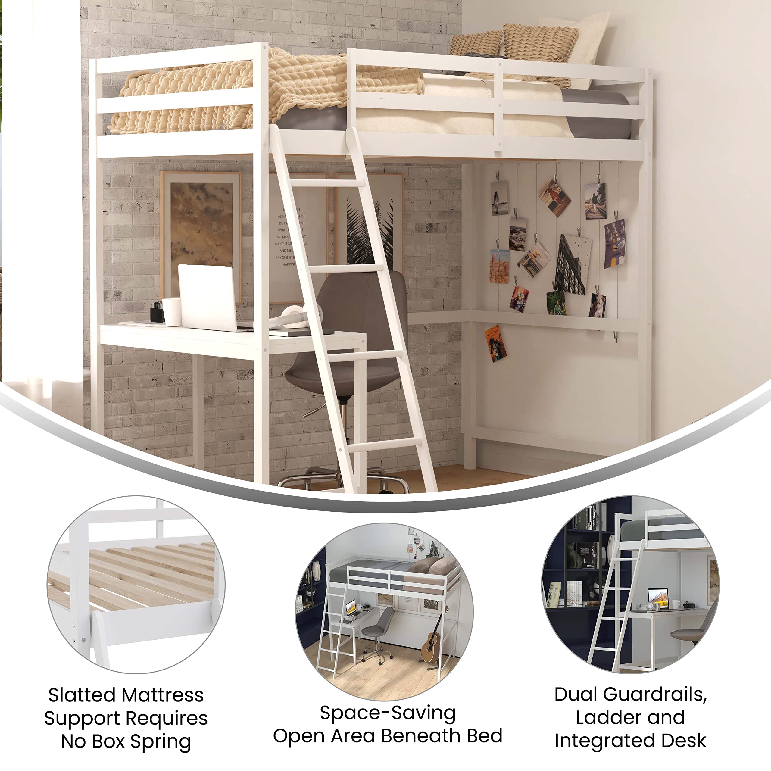 Flash Furniture Riley Loft Bed Frame with Desk - White Wood Slats - Twin Size - Protective Guard Rails & Ladder - Kids and Teens - Space Saving Design