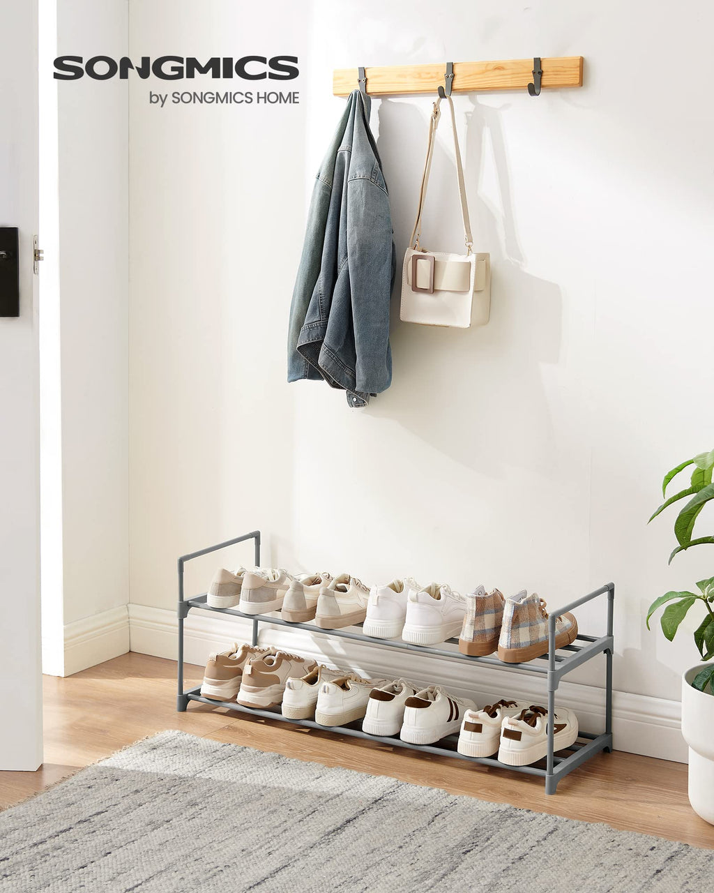 Songmics Shoe Rack, 2 Tier Shoe Organizer, Metal Shoe Storage Shelf For 10 Pairs Of Shoes, Easy To Assemble, Entryway, Grey Ulsa012G01
